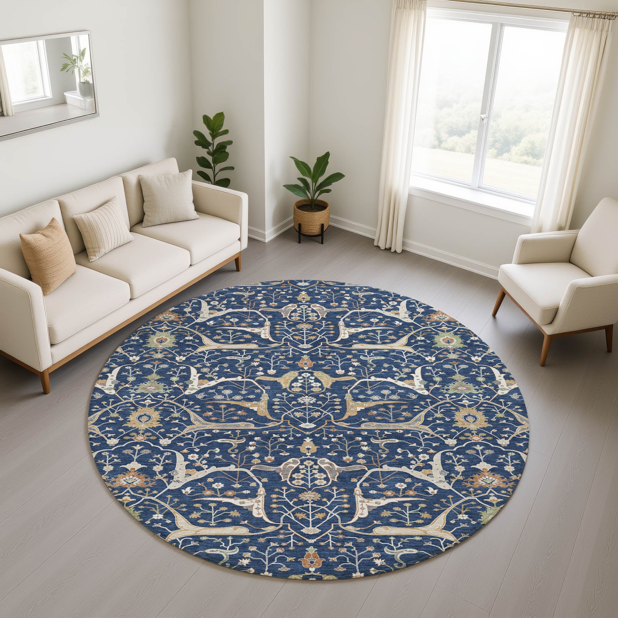 Porto Machine Washable Traditional Navy Blue Rug 8' x 8' #shape_Round