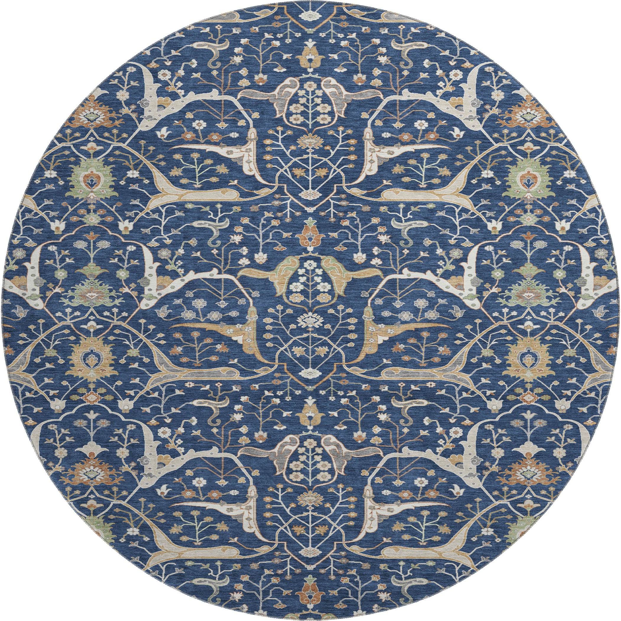 Porto Machine Washable Traditional Navy Blue Rug 8' x 8' #shape_Round