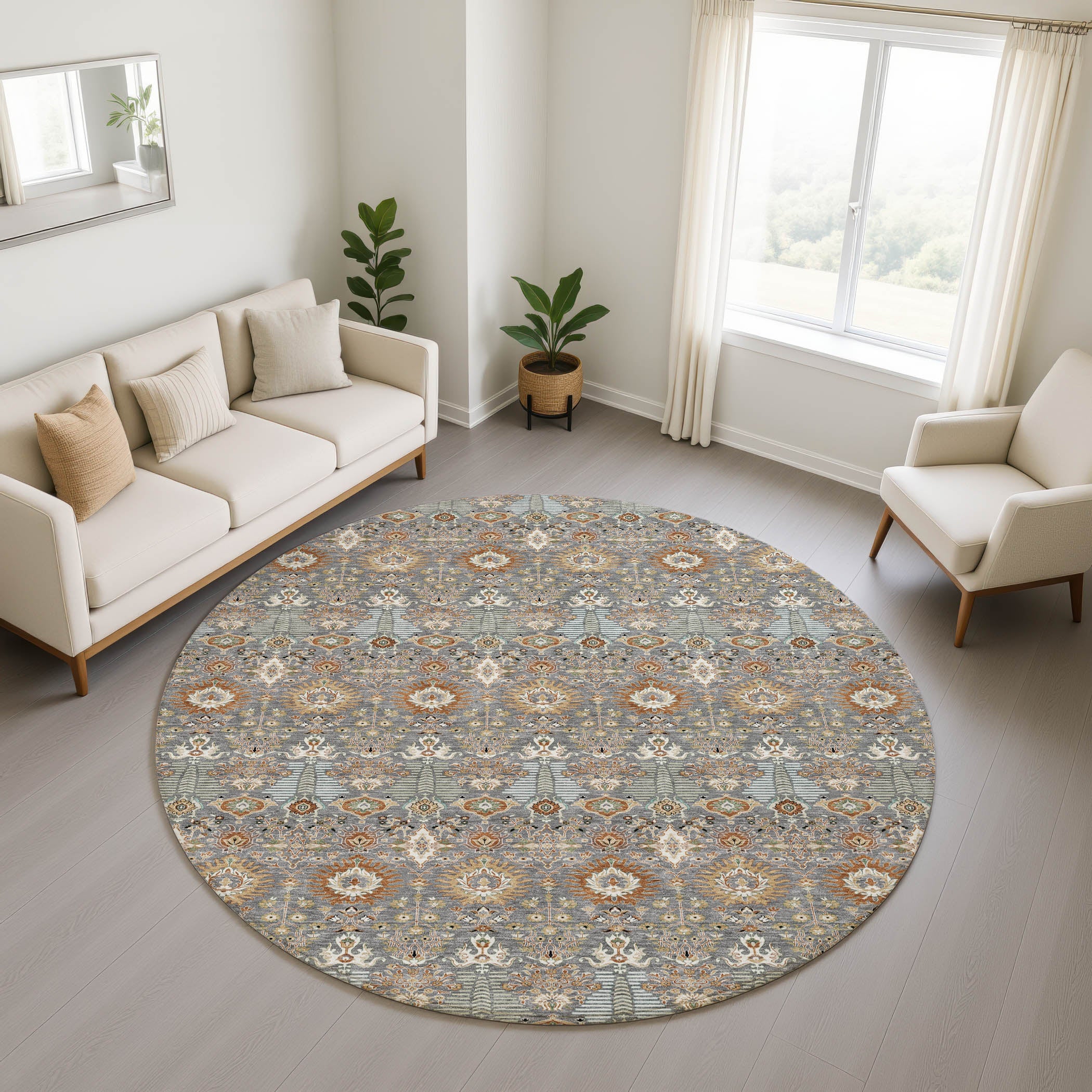 Sintra Machine Washable Traditional Gray Rug 8' x 8' #shape_Round