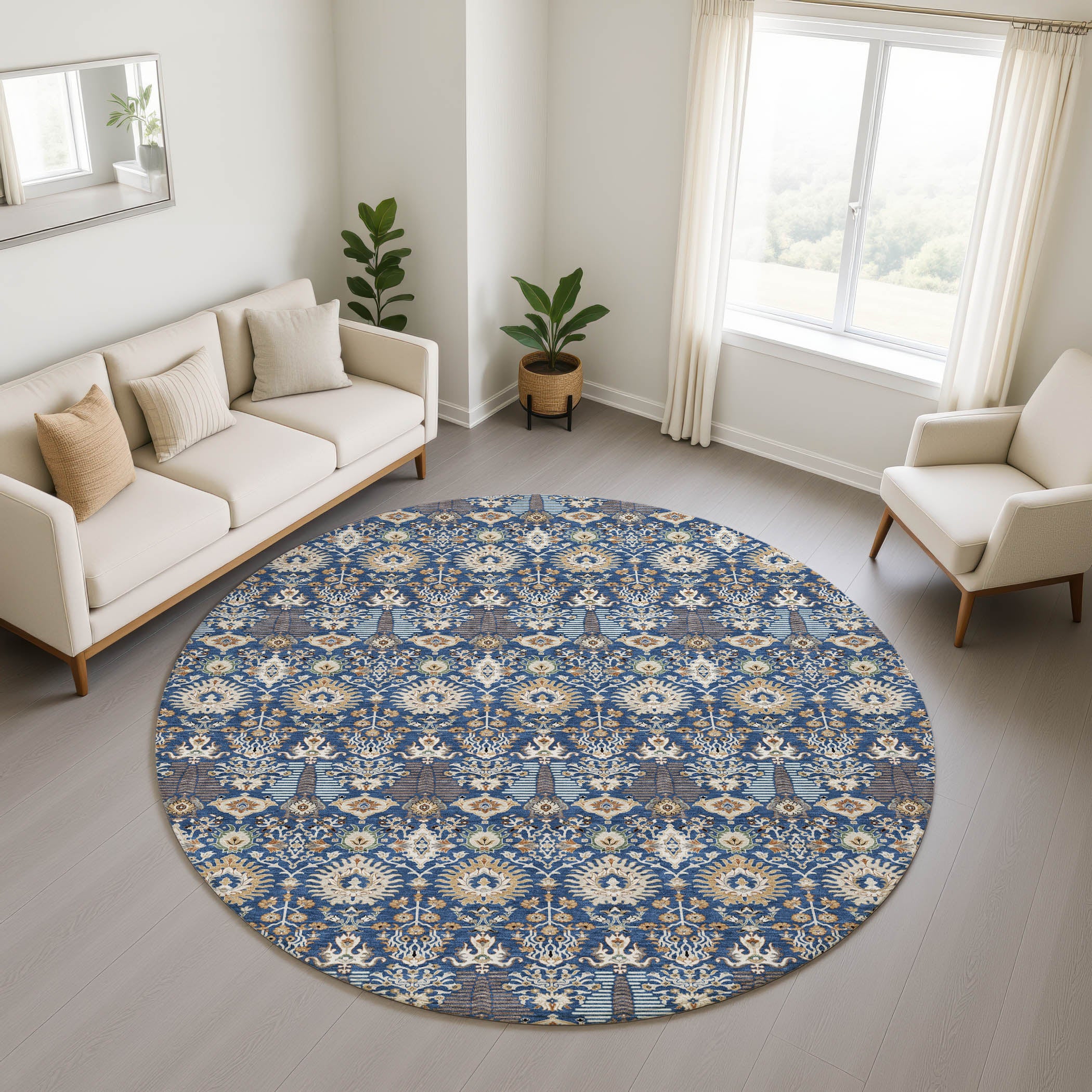 Sintra Machine Washable Traditional Navy Blue Rug 8' x 8' #shape_Round