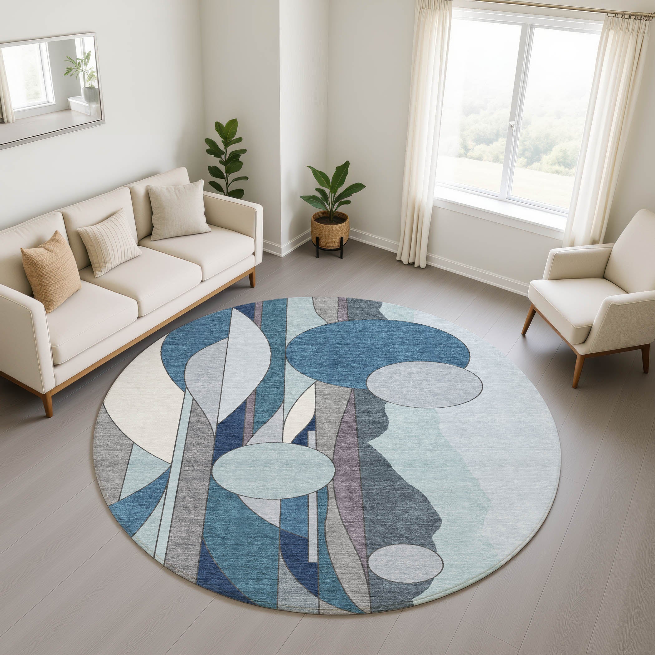 Vienna Machine Washable Transitional Blue Rug 8' x 8' #shape_Round
