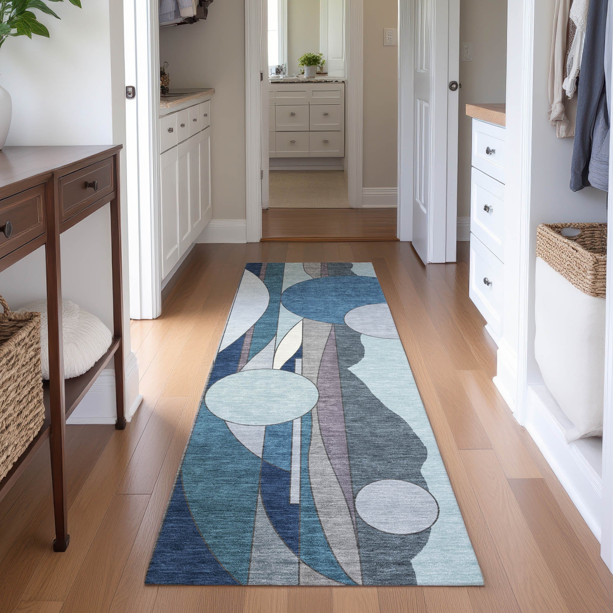 Vienna Machine Washable Transitional Blue Rug 2'3" x 7'6" #shape_Runner