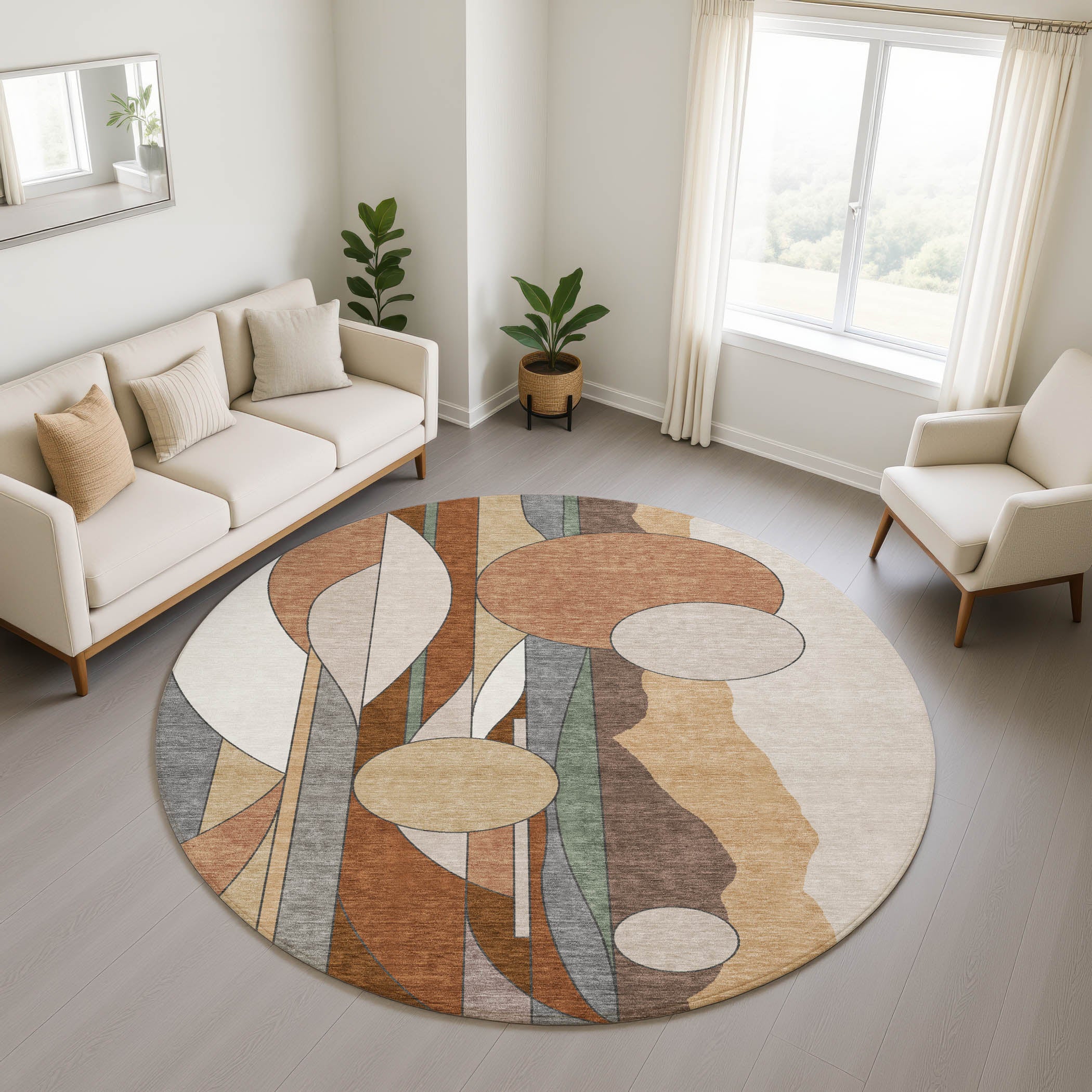 Vienna Machine Washable Transitional Copper Orange Rug 8' x 8' #shape_Round