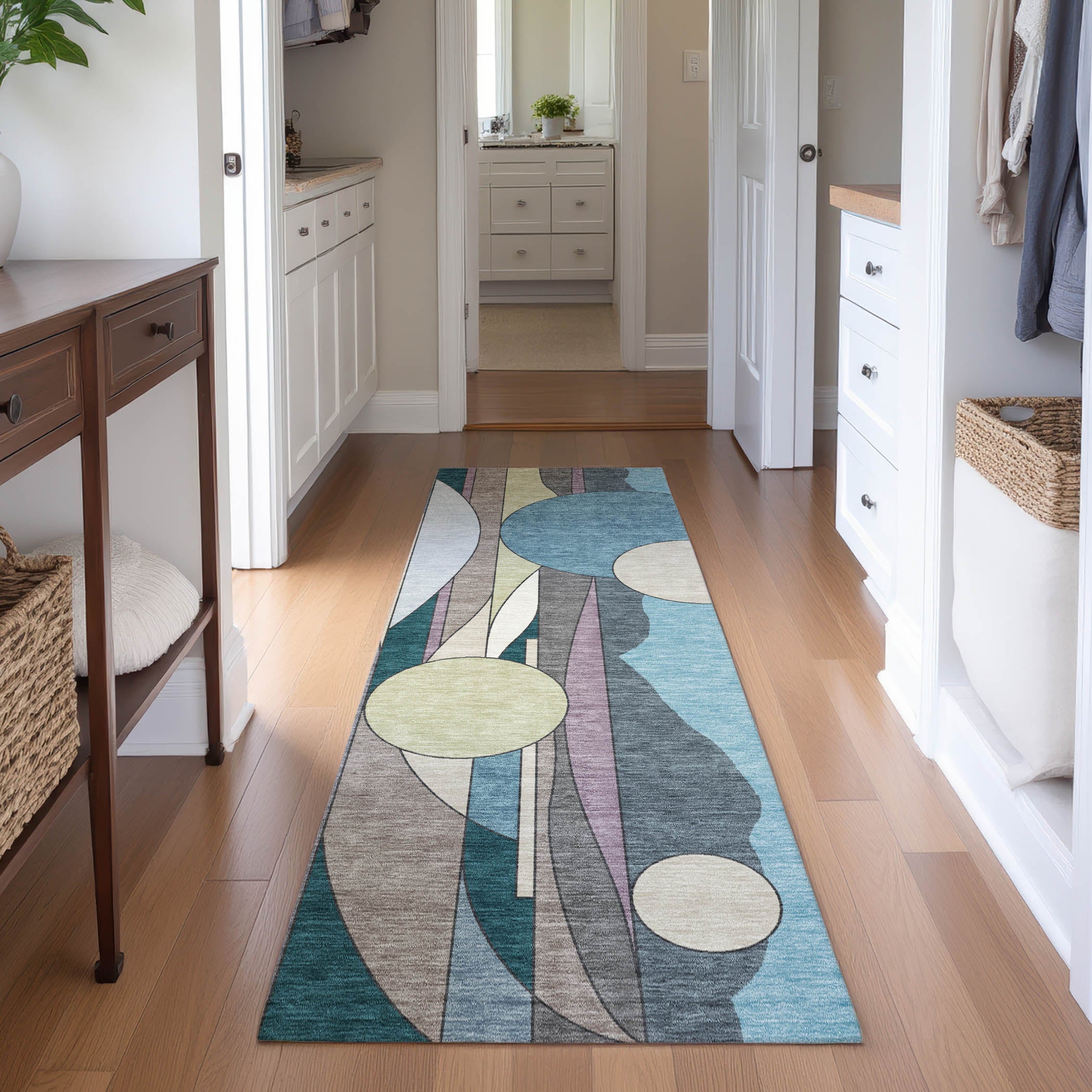 Vienna Machine Washable Transitional Teal Rug 2'3" x 7'6" #shape_Runner