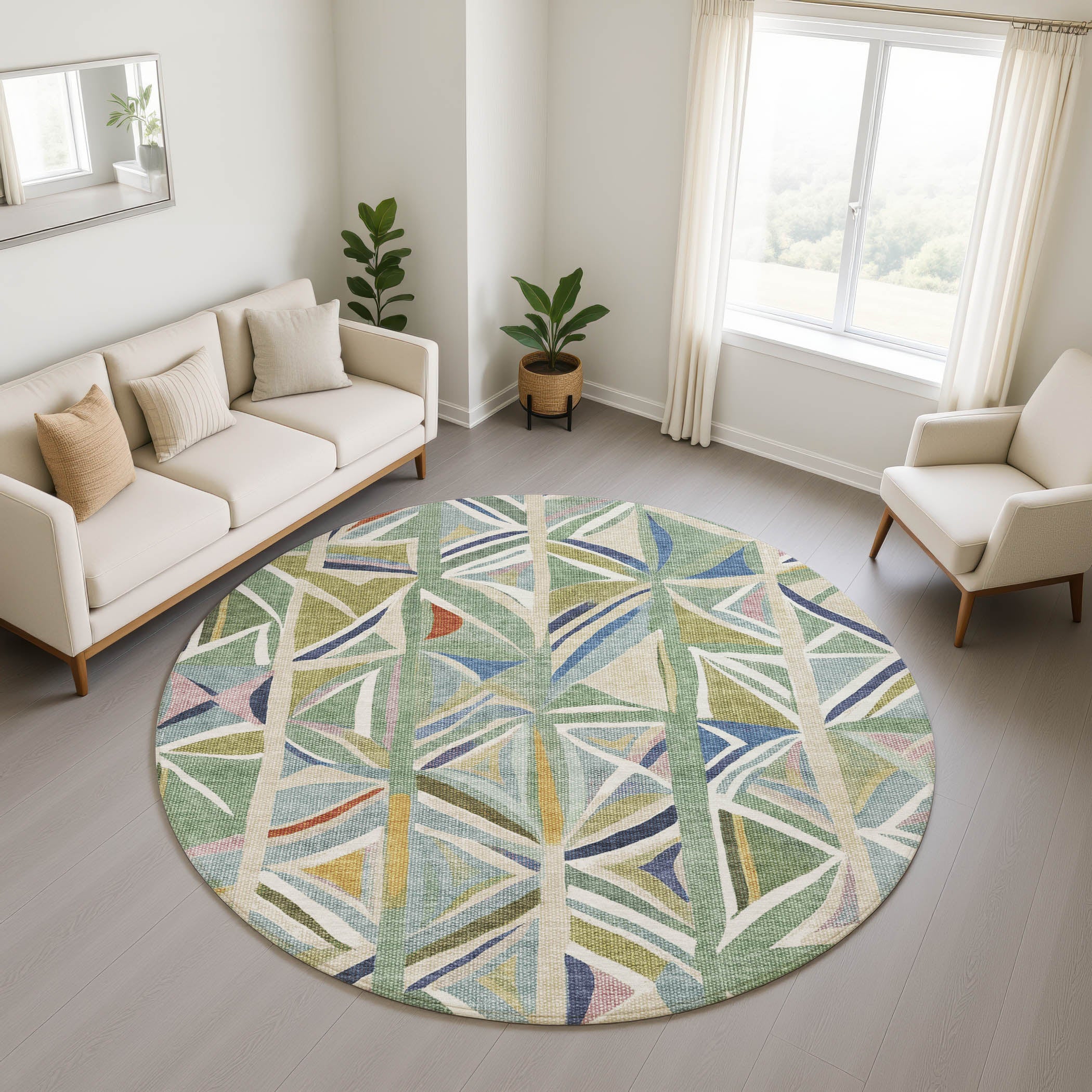 Split Machine Washable Transitional Sage Green Rug 8' x 8' #shape_Round