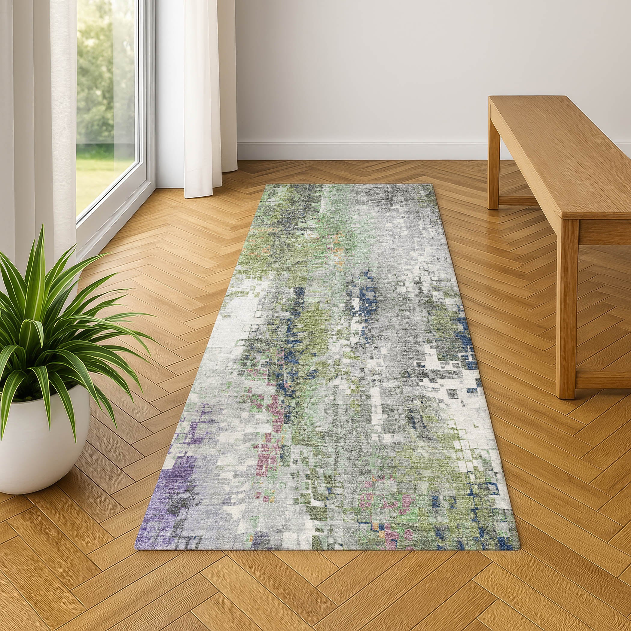 Lima Machine Washable Transitional Aloe Green Rug 2'3" x 7'6" #shape_Runner