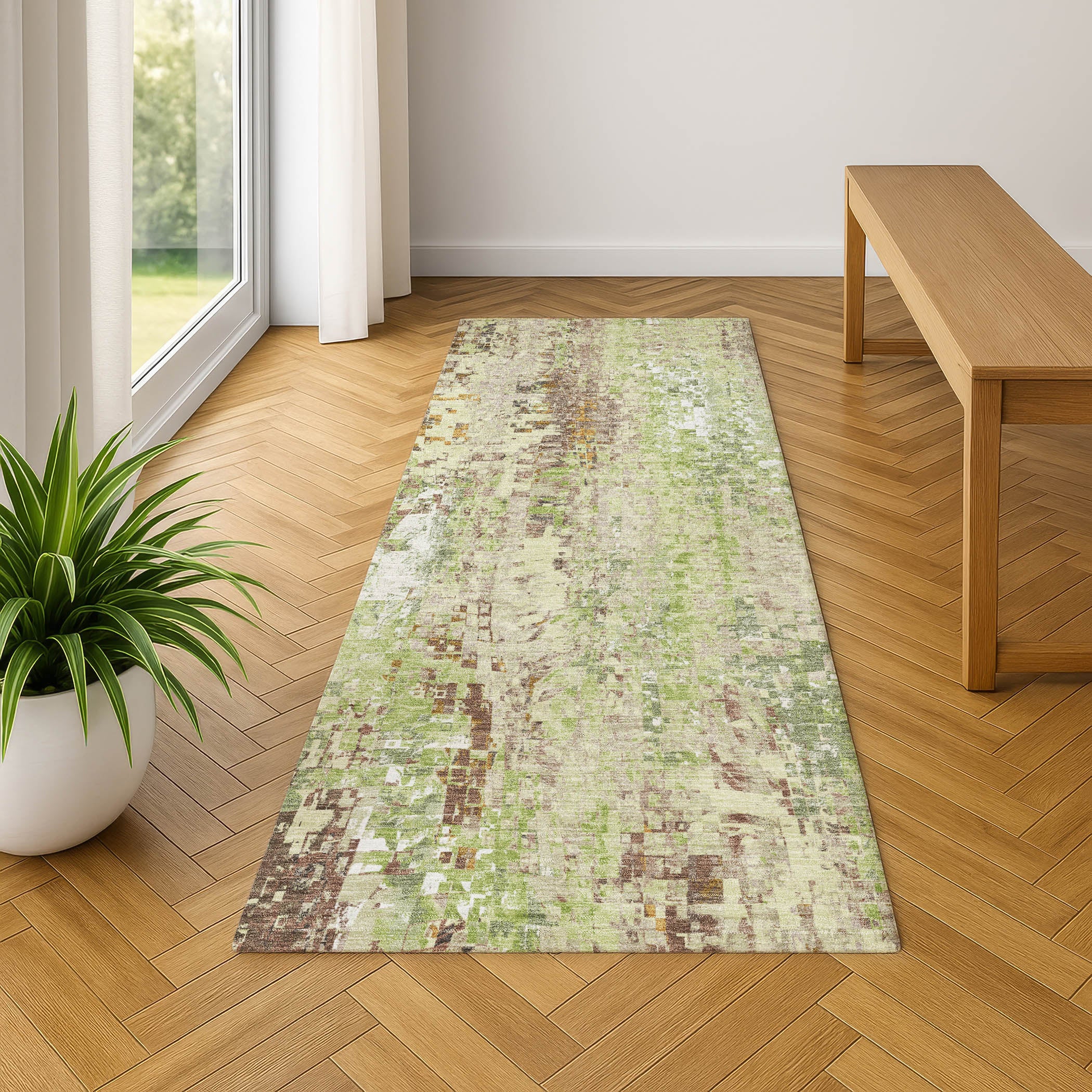 Lima Machine Washable Transitional Green Rug 2'3" x 7'6" #shape_Runner