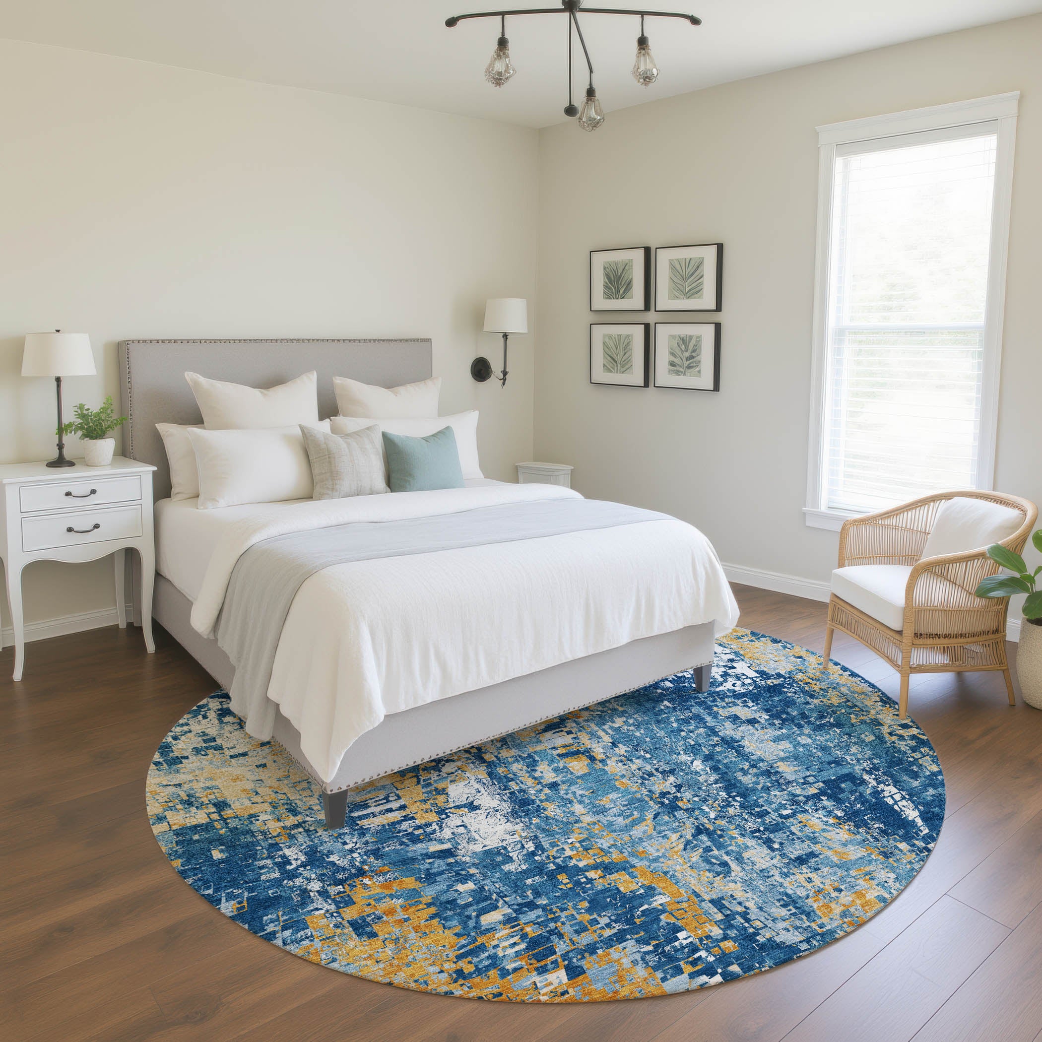Lima Machine Washable Transitional Navy Blue Rug 8' x 8' #shape_Round