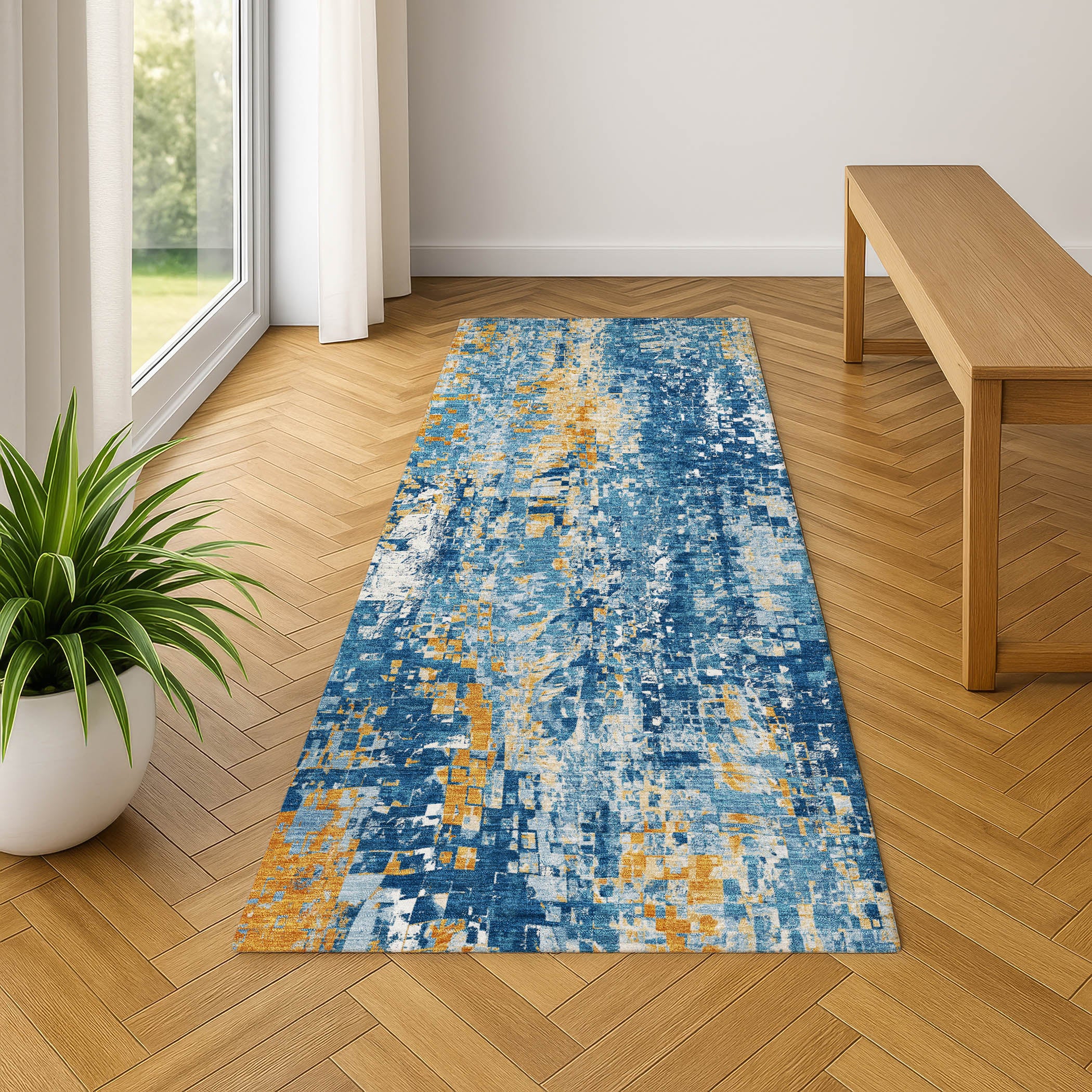 Lima Machine Washable Transitional Navy Blue Rug 2'3" x 7'6" #shape_Runner
