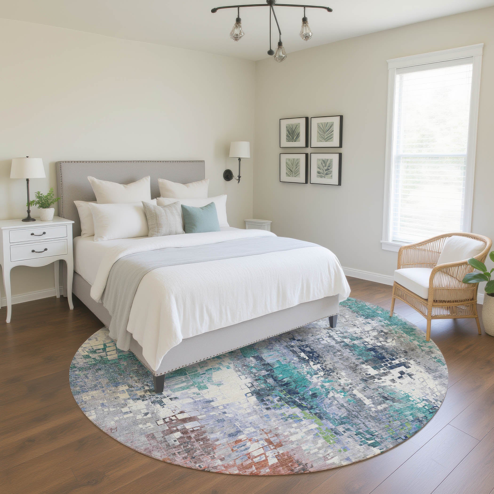 Lima Machine Washable Transitional Teal Rug 8' x 8' #shape_Round
