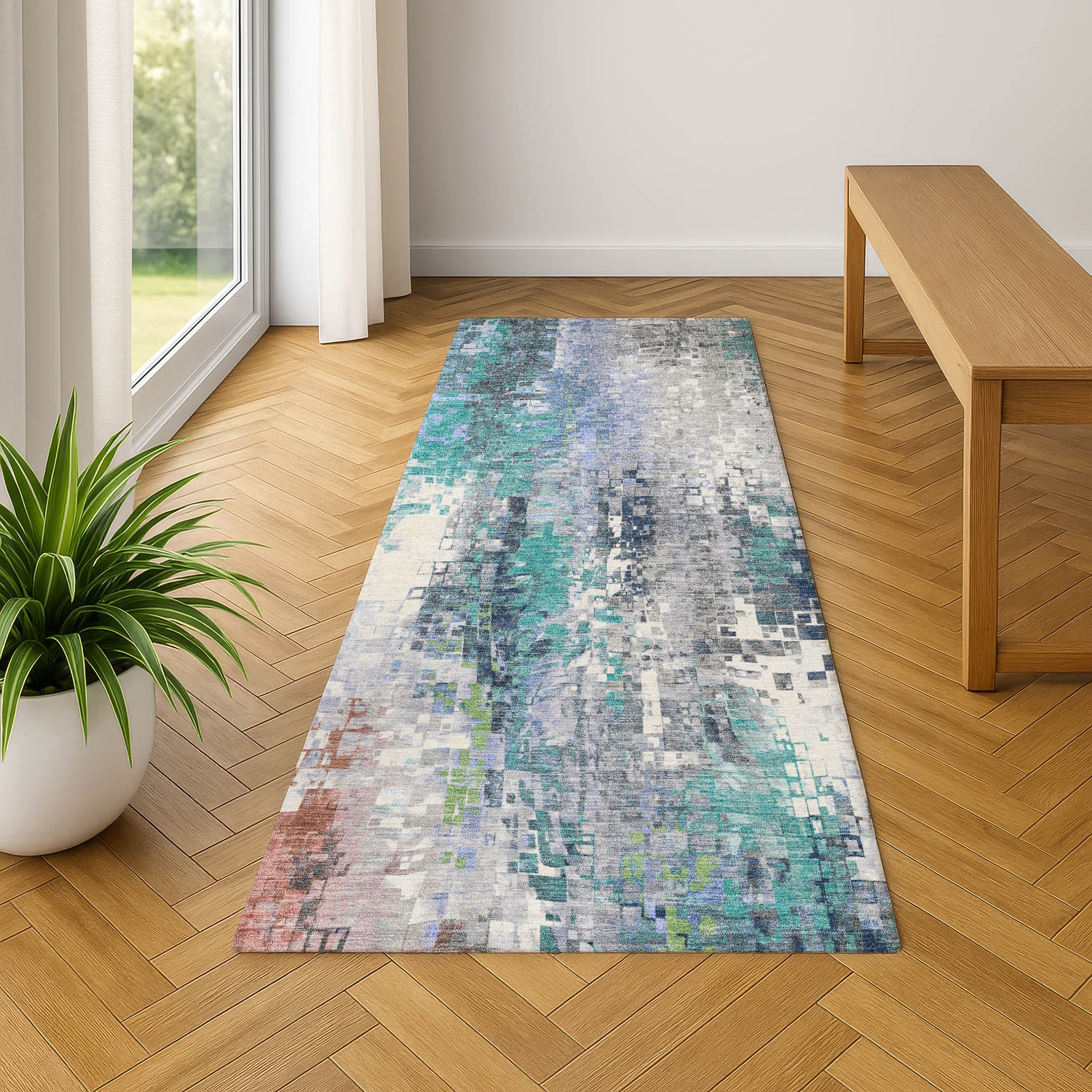 Lima Machine Washable Transitional Teal Rug 2'3" x 7'6" #shape_Runner