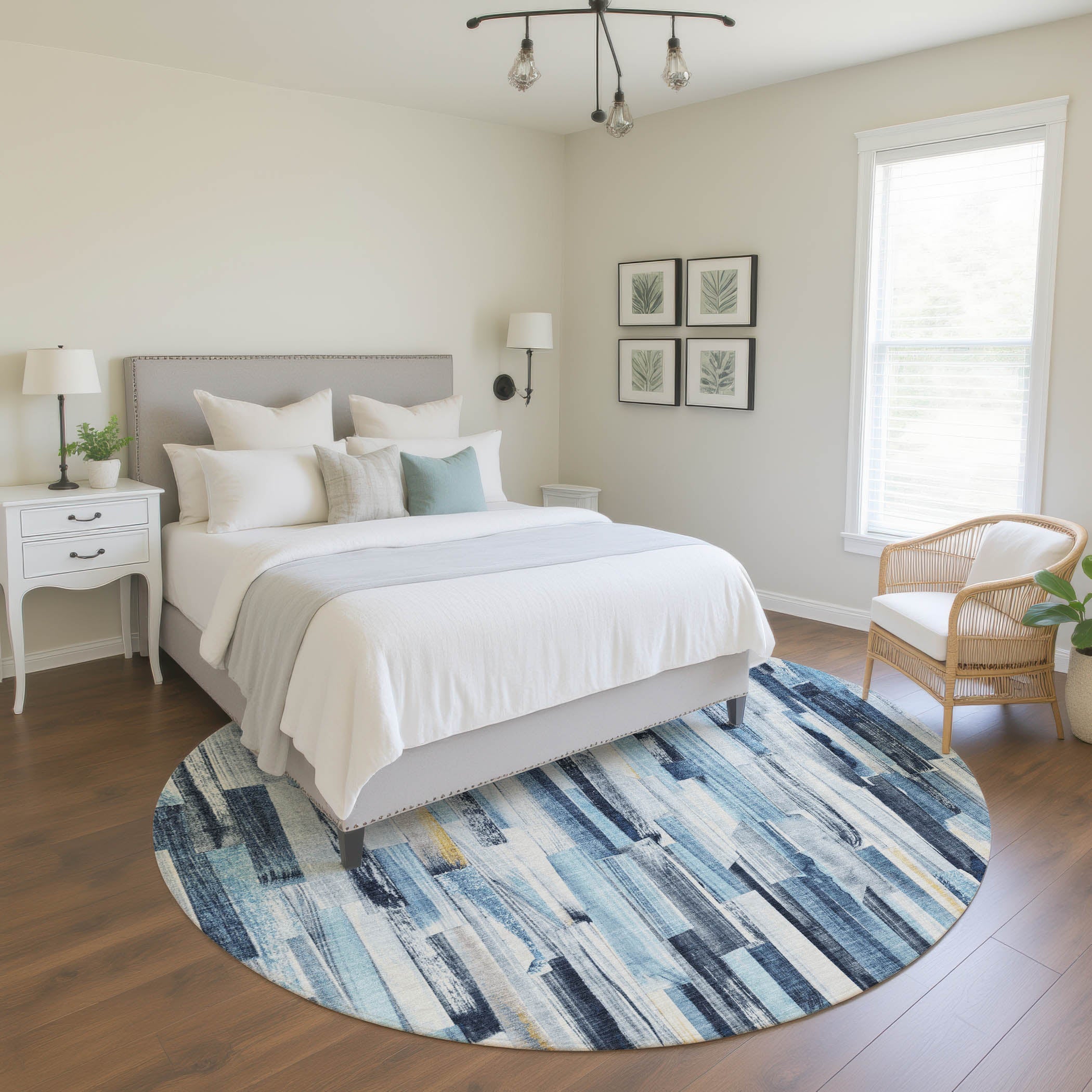Seoul Machine Washable Transitional Denim Blue Rug 8' x 8' #shape_Round