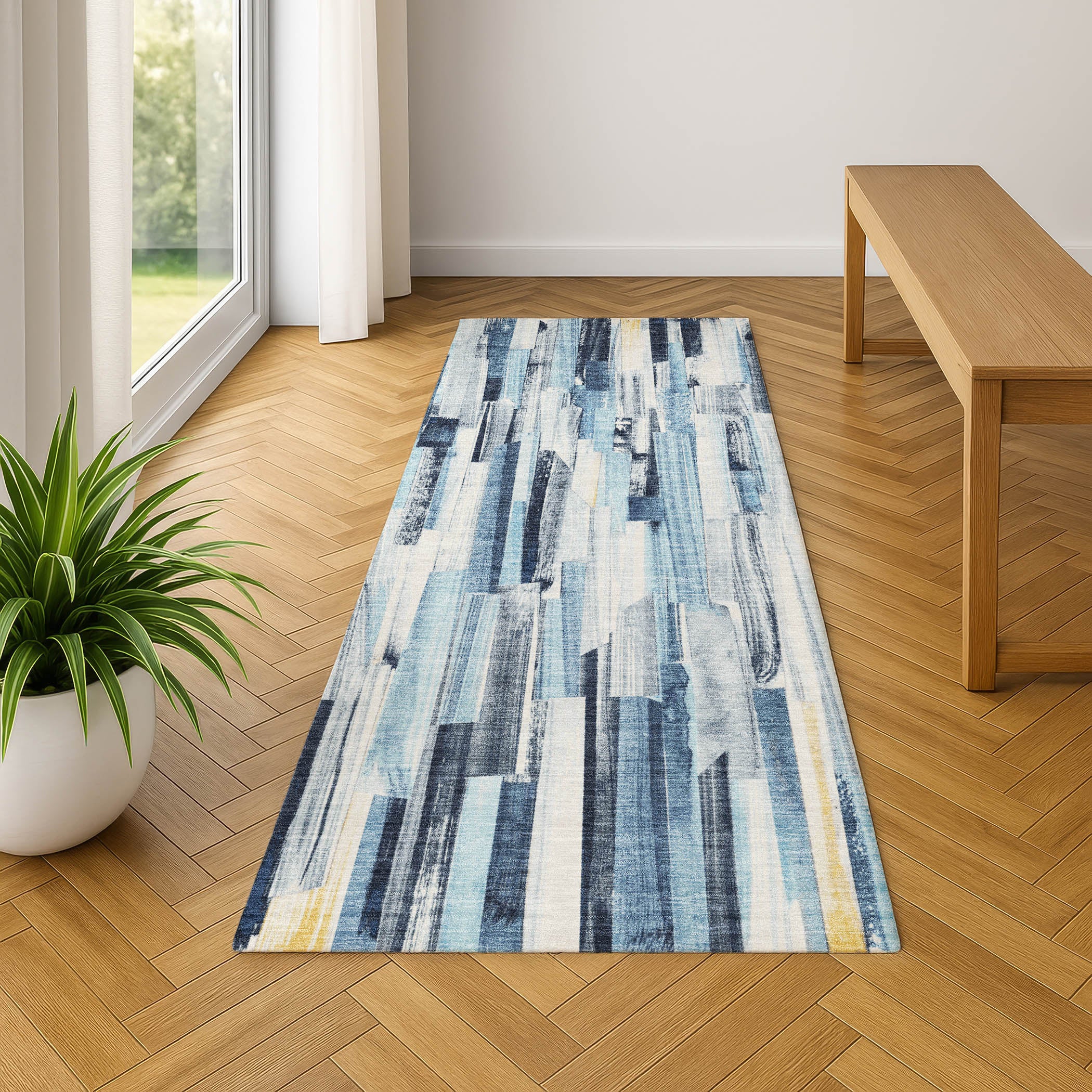 Seoul Machine Washable Transitional Denim Blue Rug 2'3" x 7'6" #shape_Runner