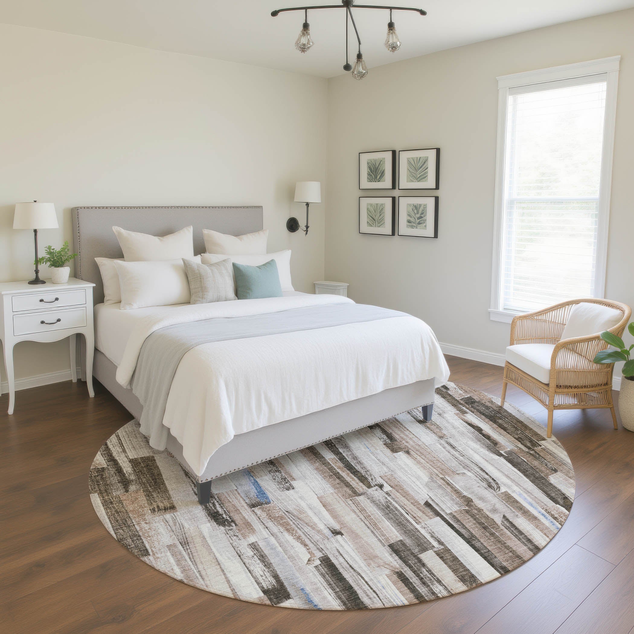 Seoul Machine Washable Transitional Khaki Brown Rug 8' x 8' #shape_Round
