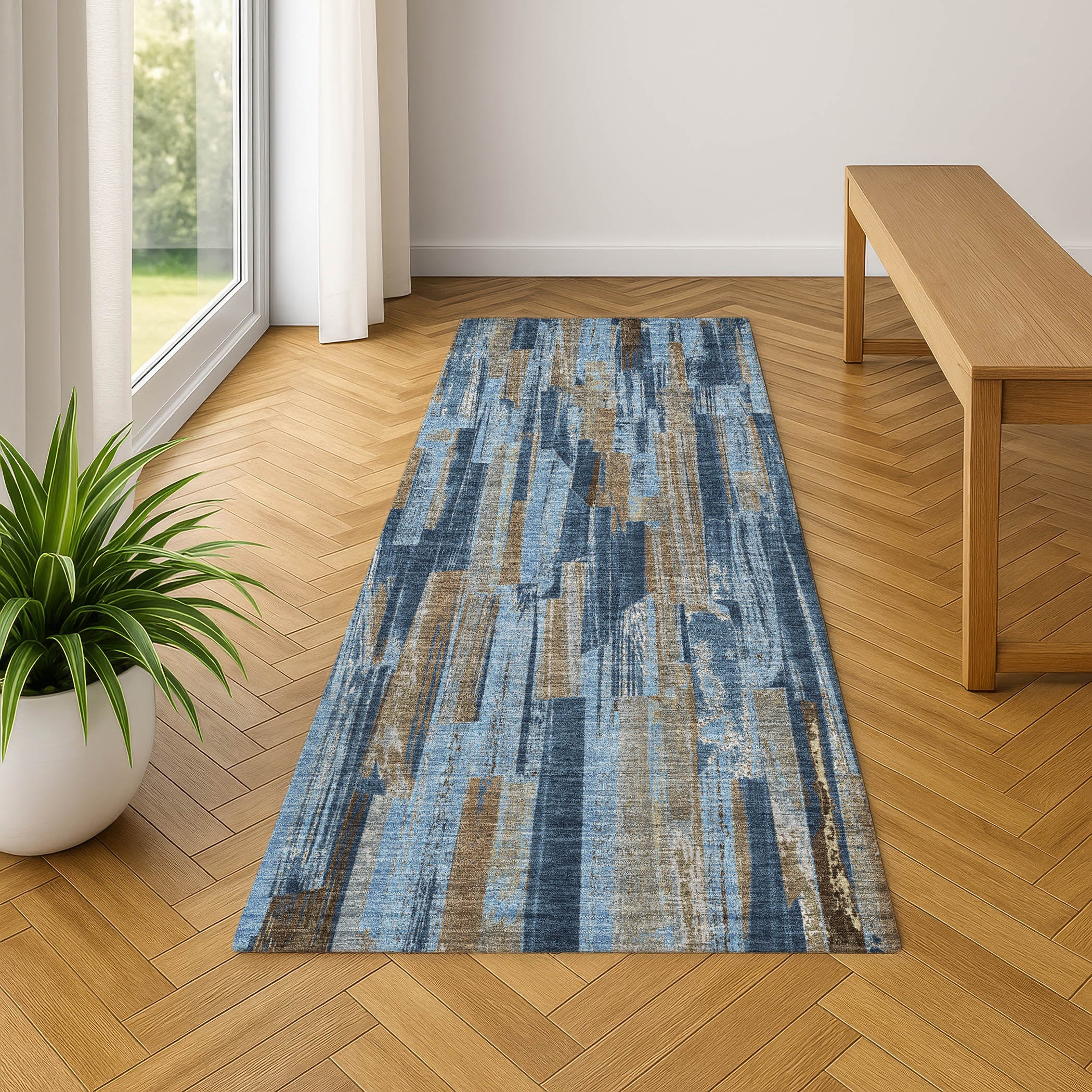 Seoul Machine Washable Transitional Navy Blue Rug 2'3" x 7'6" #shape_Runner