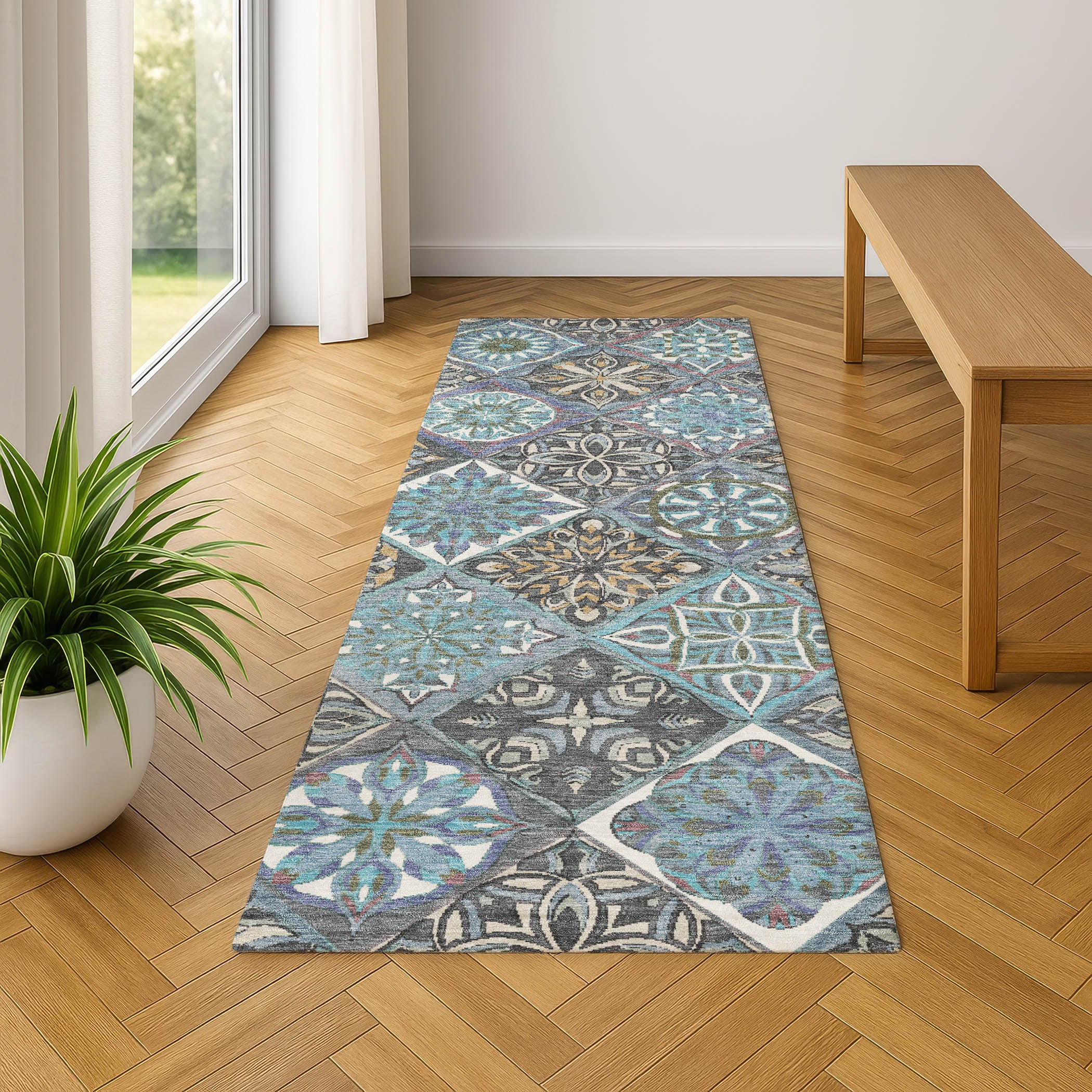 Tallinn Machine Washable Transitional Teal Rug 2'3" x 7'6" #shape_Runner
