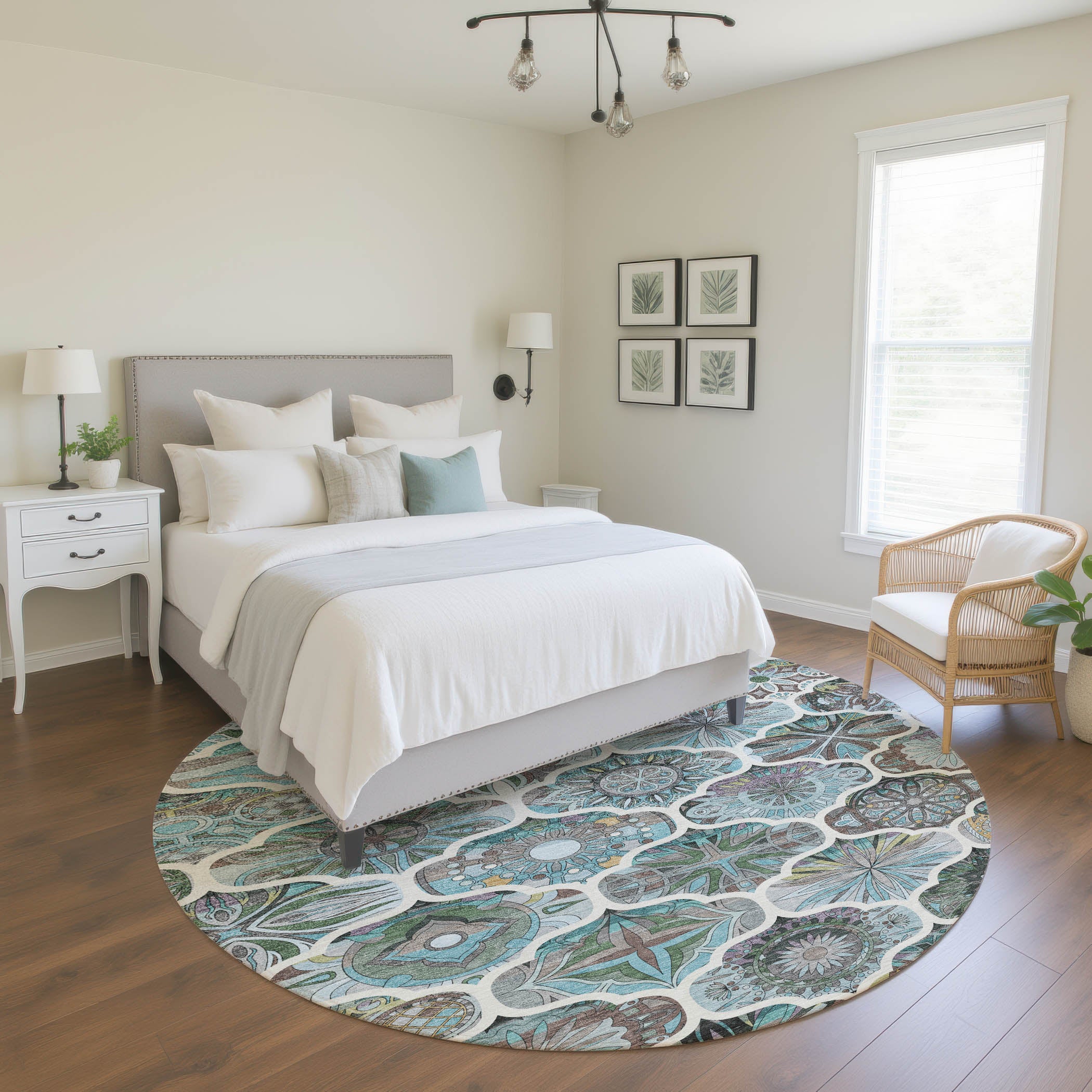 Montevideo Machine Washable Transitional Teal Rug 8' x 8' #shape_Round