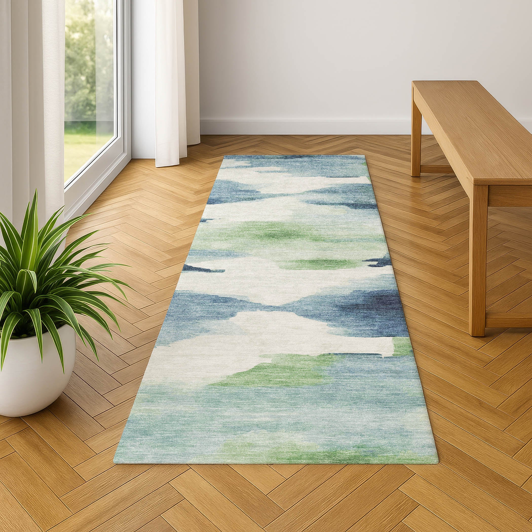 Dubrovnik Machine Washable Transitional Blue Rug 2'3" x 7'6" #shape_Runner