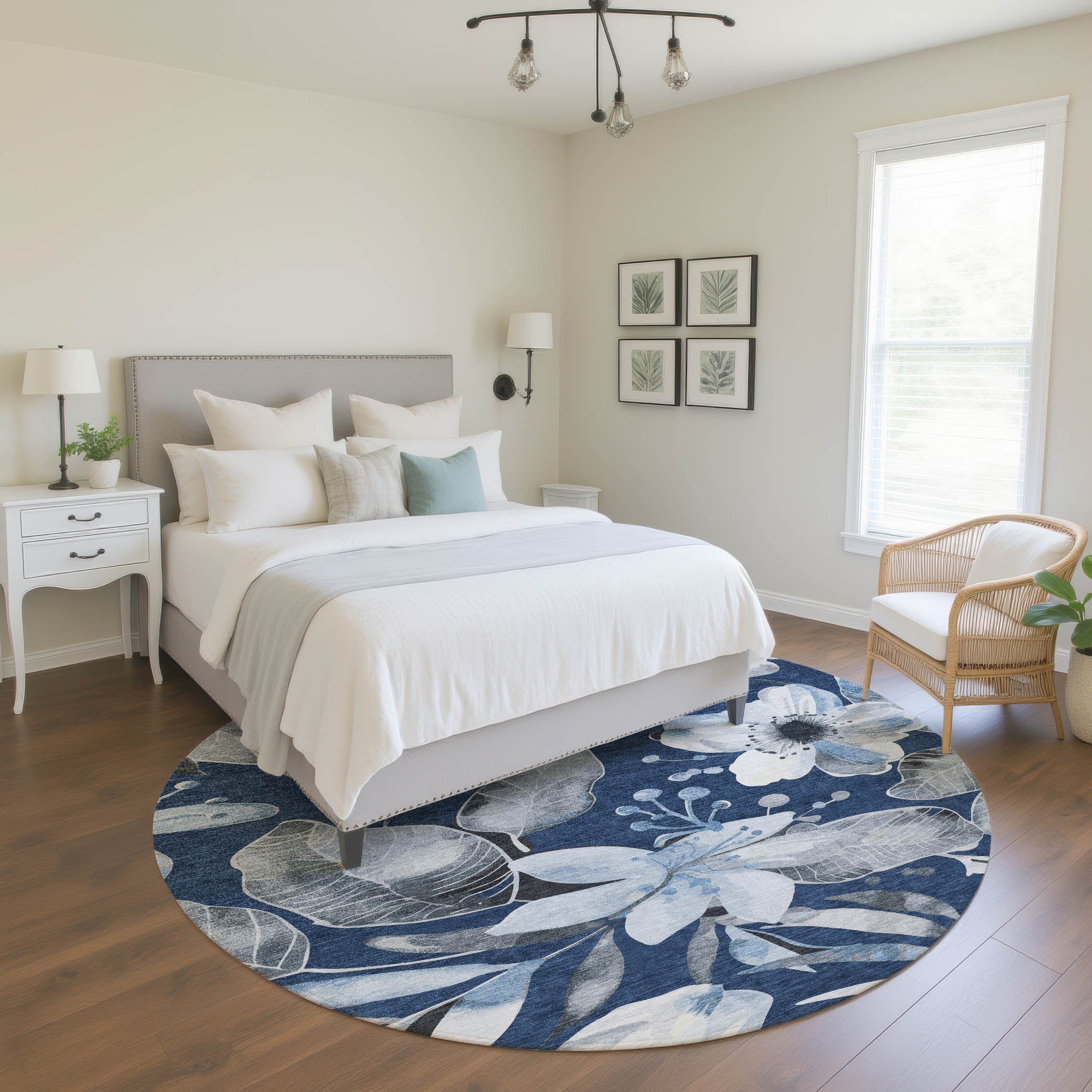 Nairobi Machine Washable Transitional Navy Blue Rug 8' x 8' #shape_Round