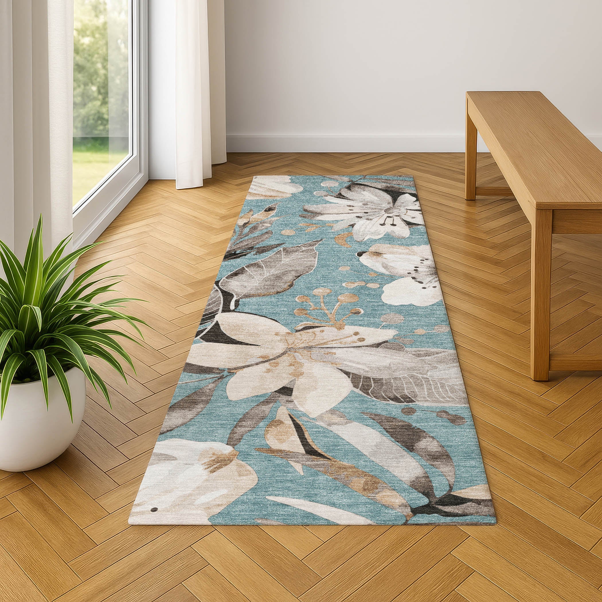 Nairobi Machine Washable Transitional Teal Rug 2'3" x 7'6" #shape_Runner
