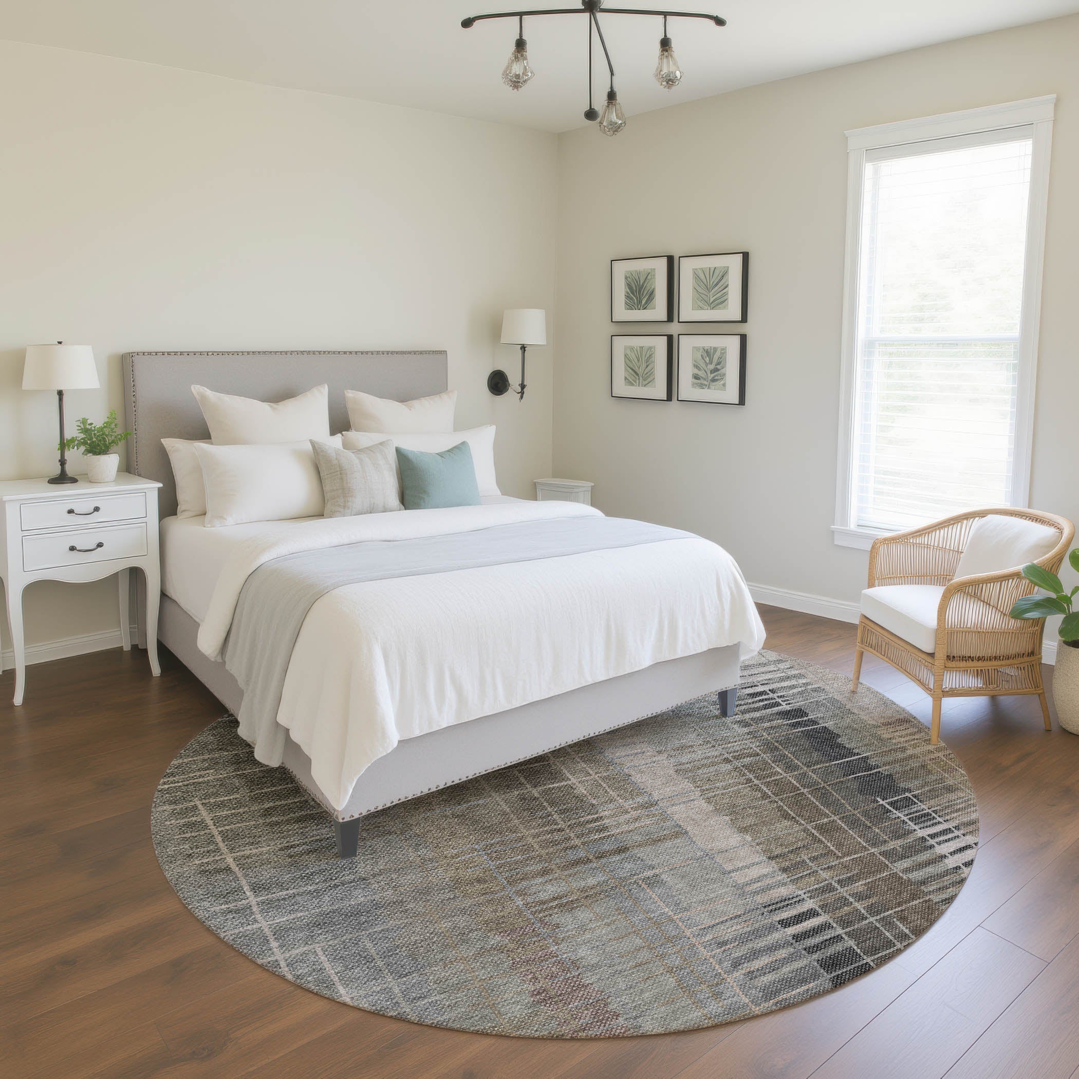 Seoul Machine Washable Transitional Brown Rug 8' x 8' #shape_Round