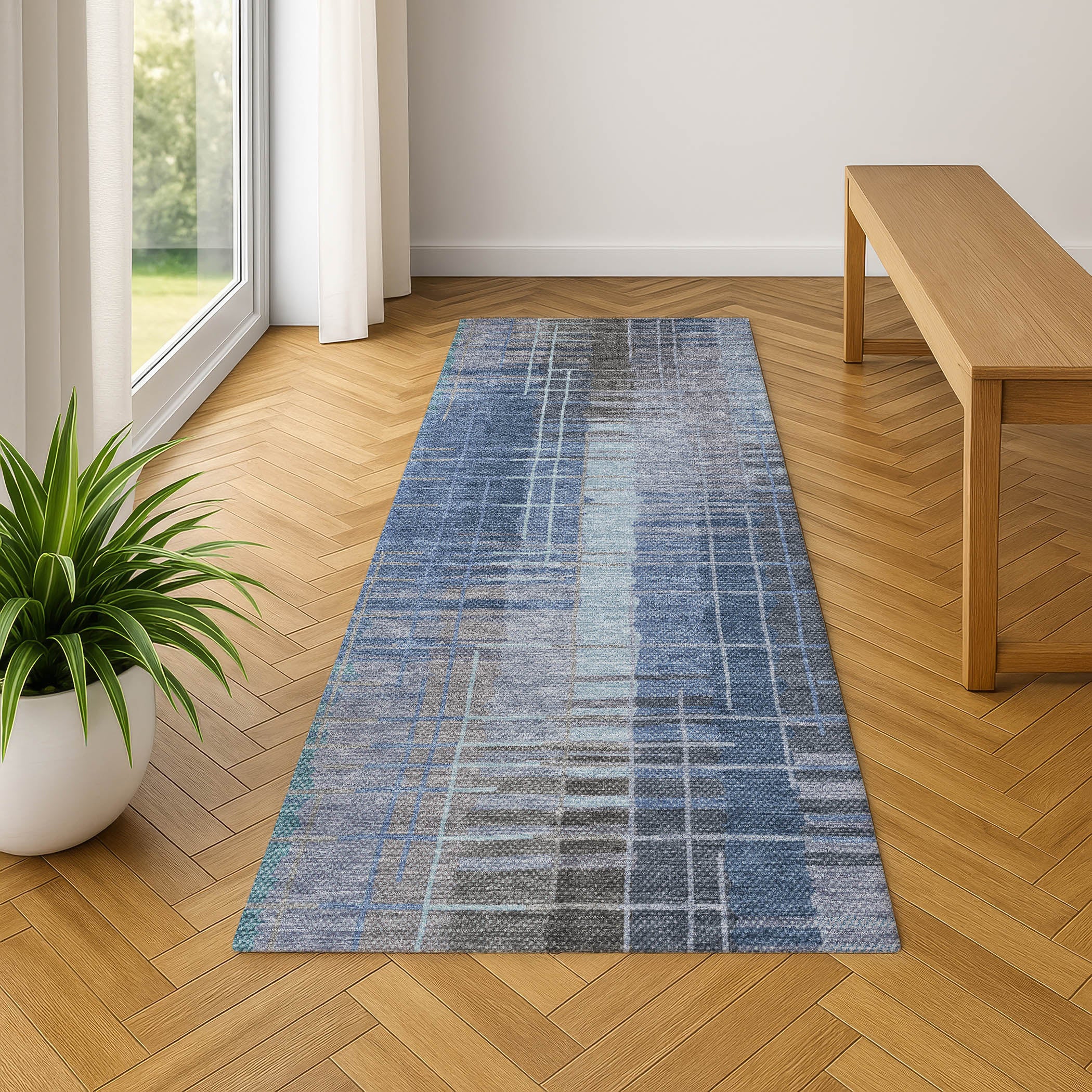 Seoul Machine Washable Transitional Denim Blue Rug 2'3" x 7'6" #shape_Runner