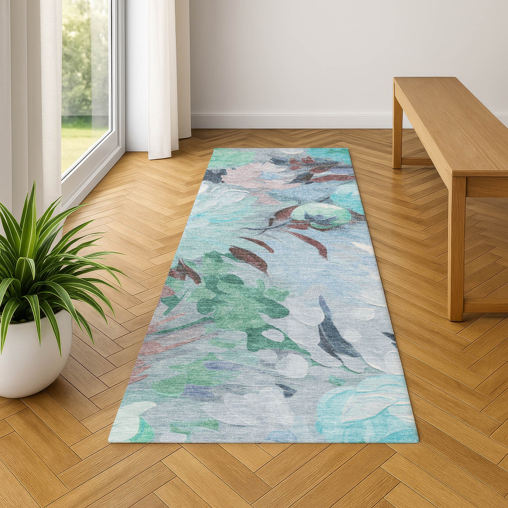Kotor Machine Washable Transitional Sky Blue Rug 2'3" x 7'6" #shape_Runner