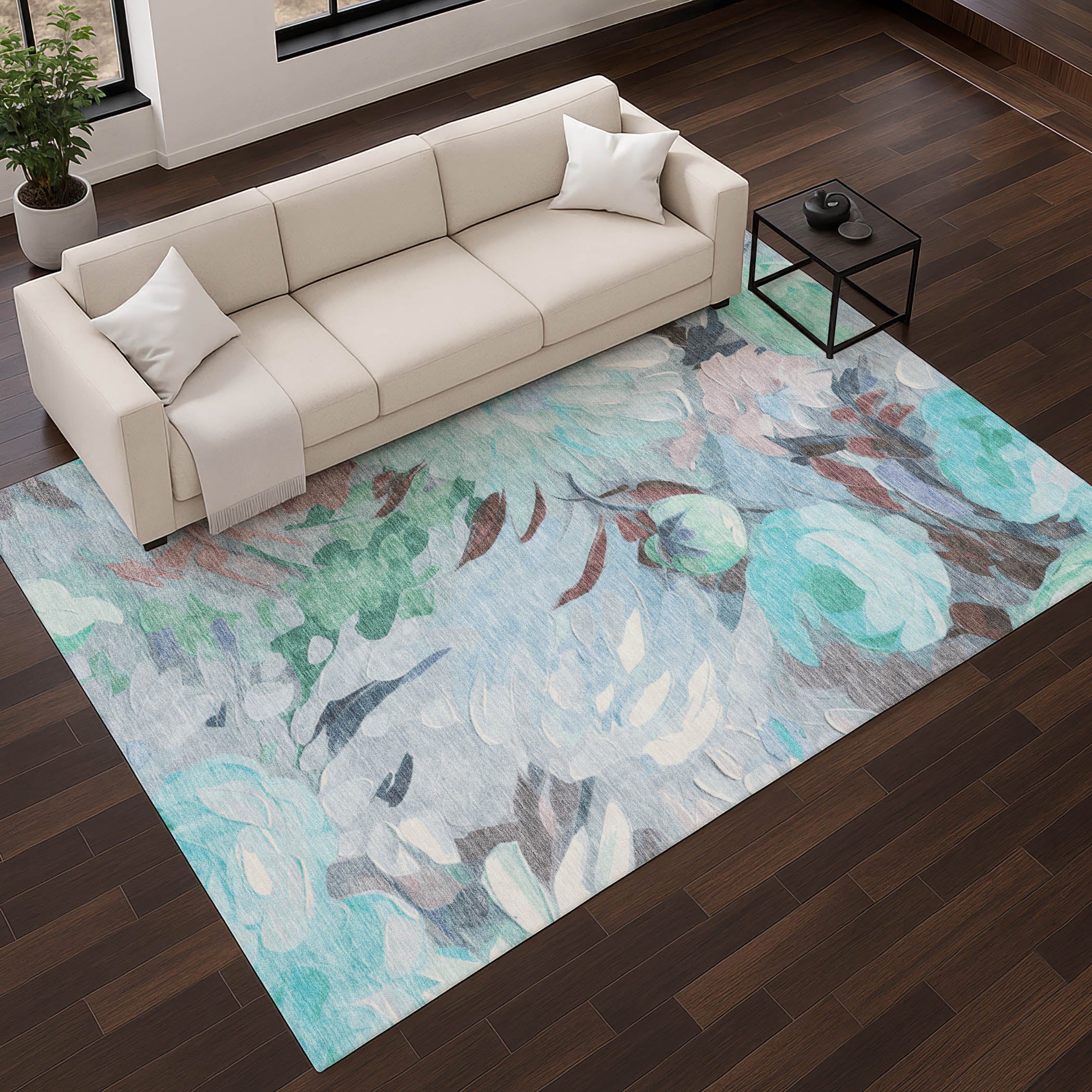 Kotor Machine Washable Transitional Sky Blue Rug 2'6" x 3'10" #shape_Rectangle