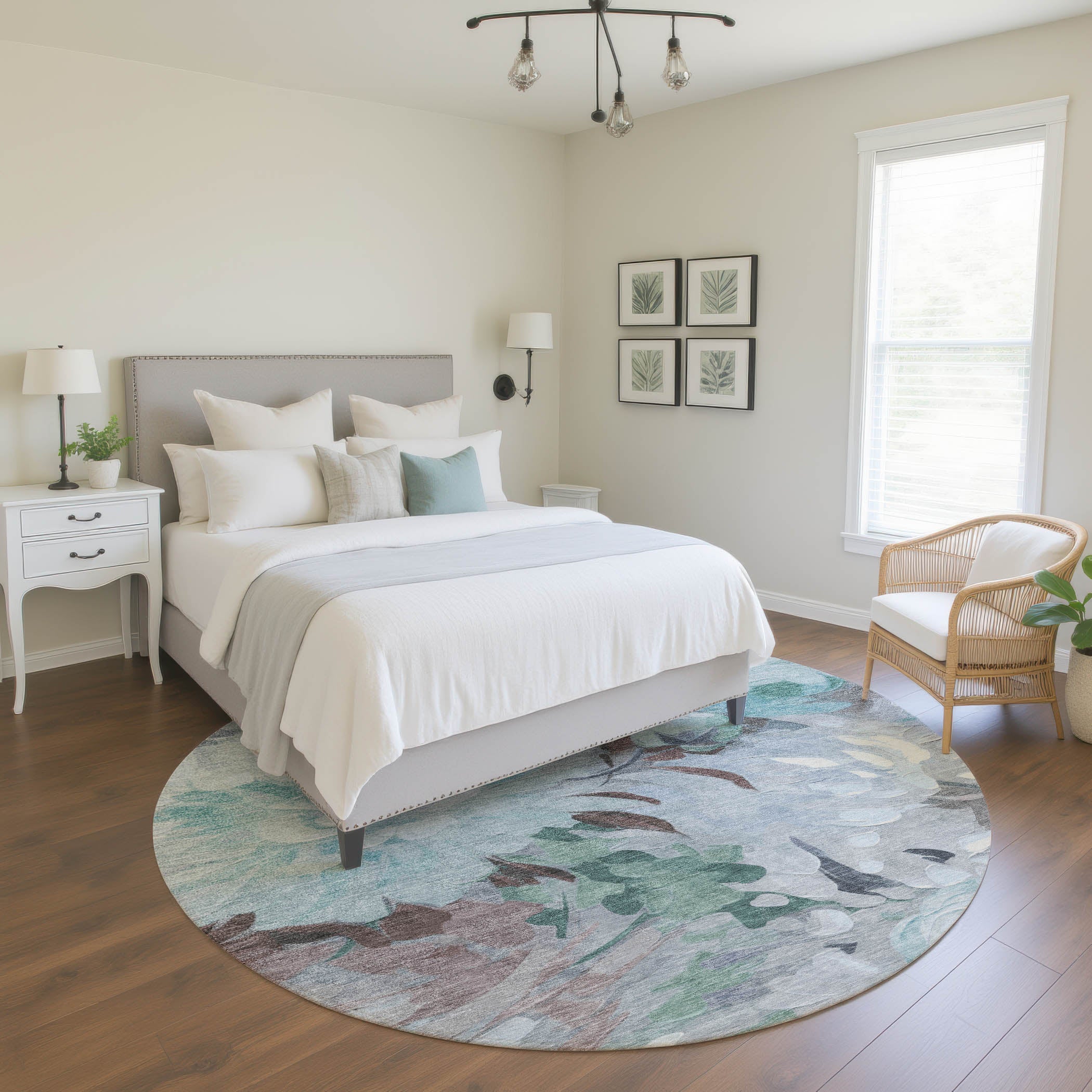 Kotor Machine Washable Transitional Teal Rug 8' x 8' #shape_Round
