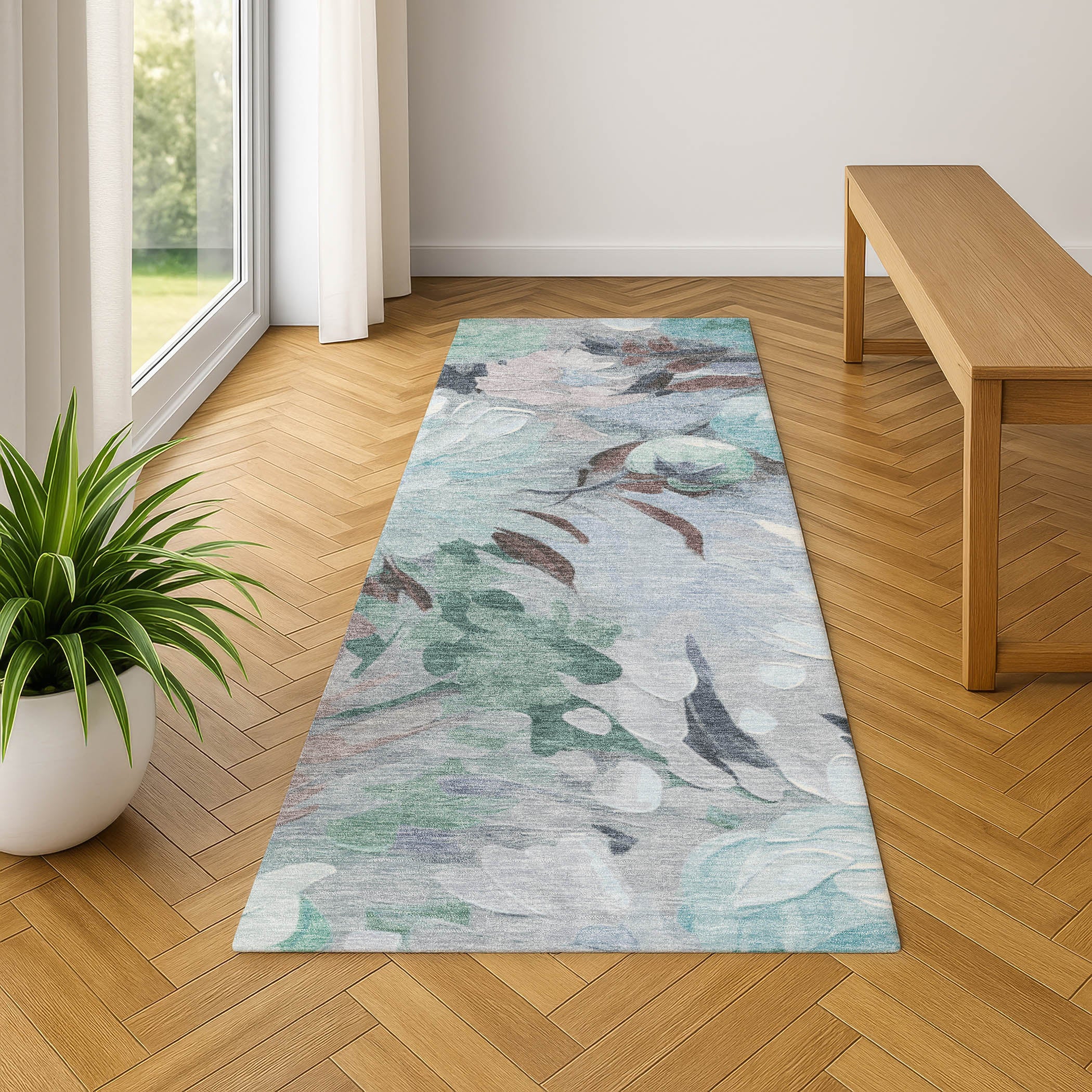 Kotor Machine Washable Transitional Teal Rug 2'3" x 7'6" #shape_Runner