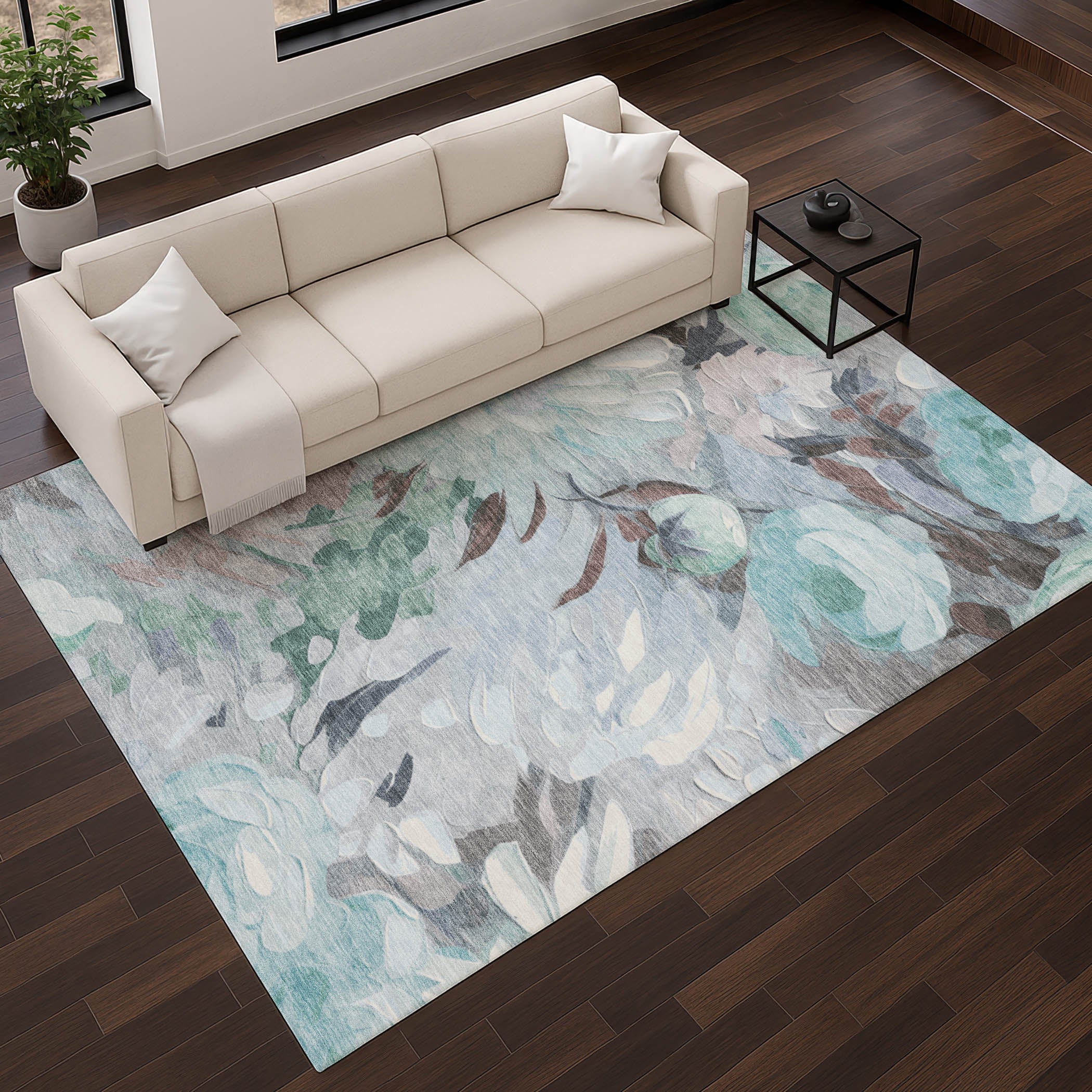 Kotor Machine Washable Transitional Teal Rug 2'6" x 3'10" #shape_Rectangle