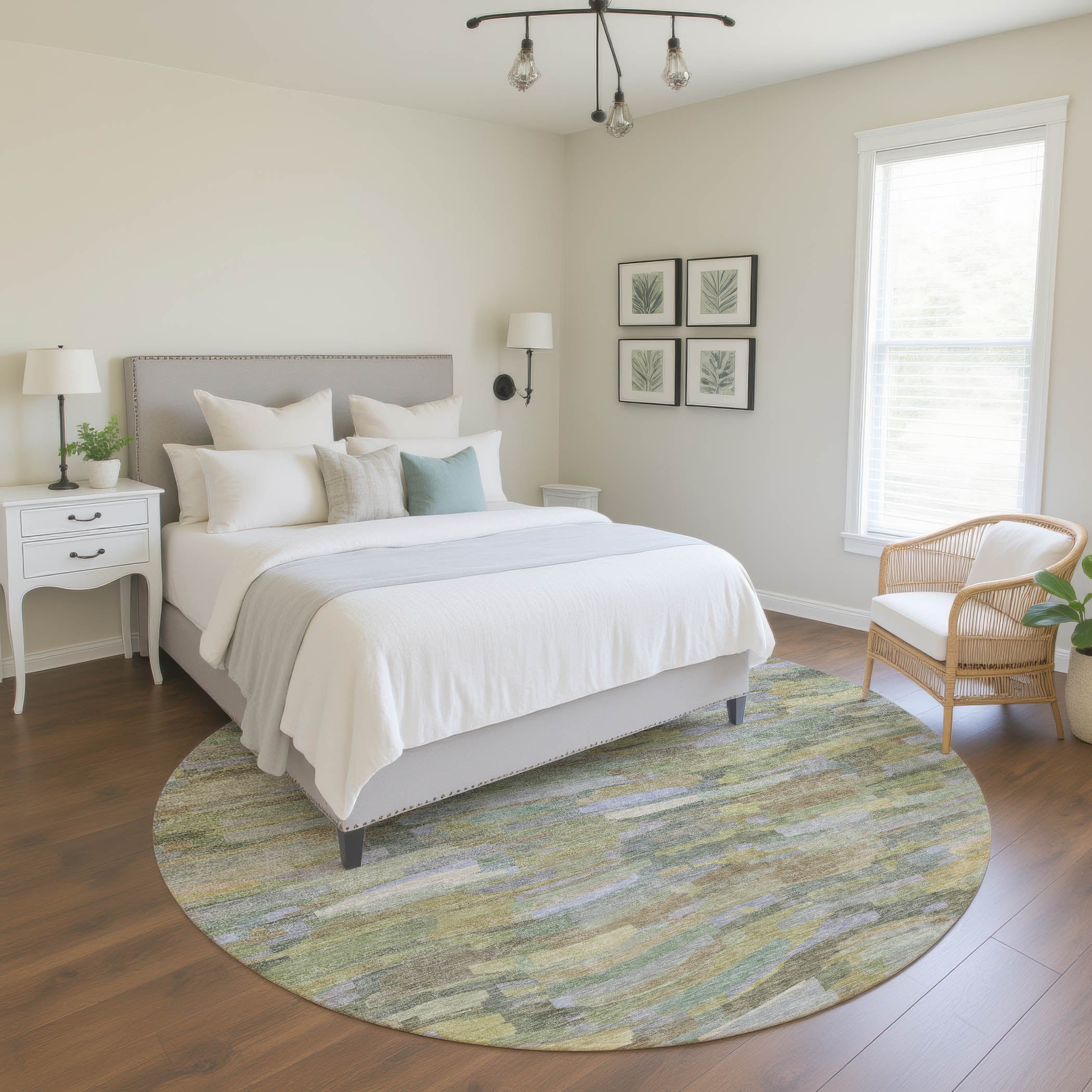 Kyoto Machine Washable Transitional Aloe Green Rug 8' x 8' #shape_Round