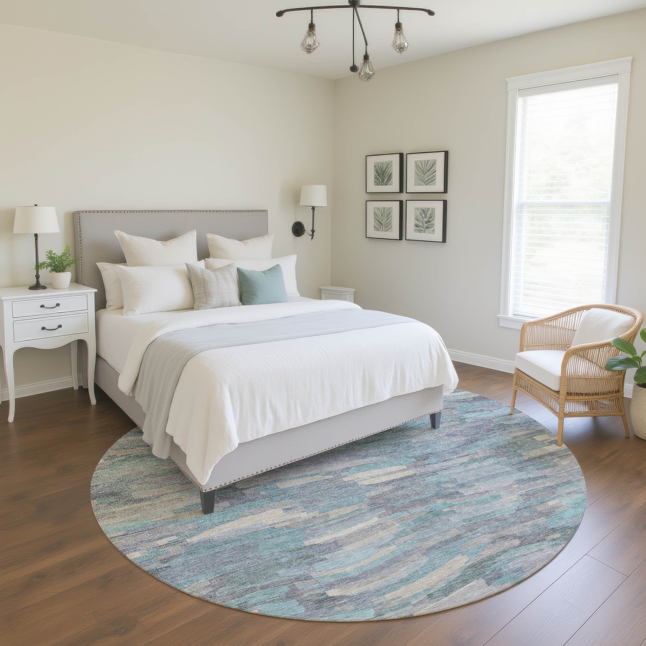 Kyoto Machine Washable Transitional Teal Rug 8' x 8' #shape_Round