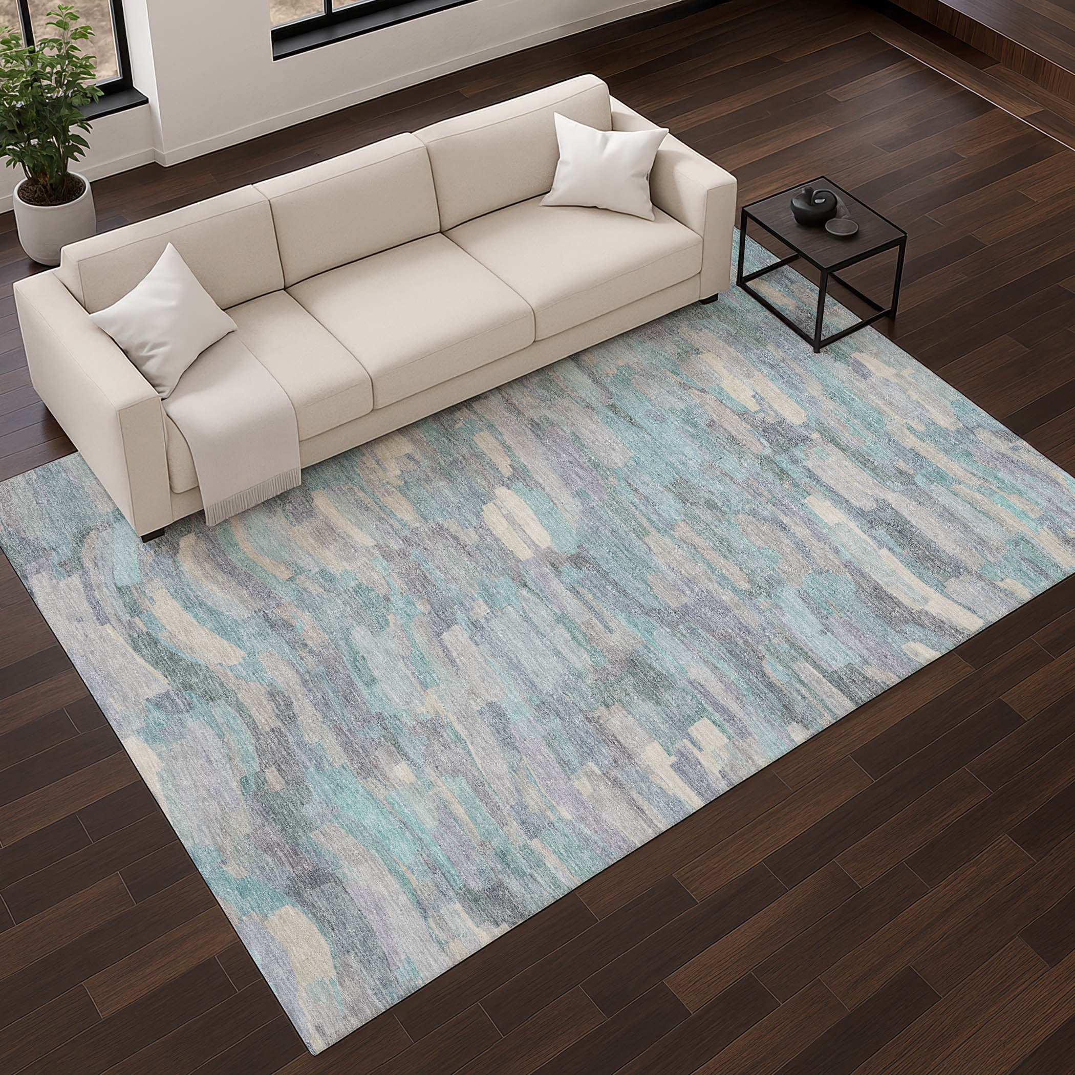 Kyoto Machine Washable Transitional Teal Rug 2'6" x 3'10" #shape_Rectangle