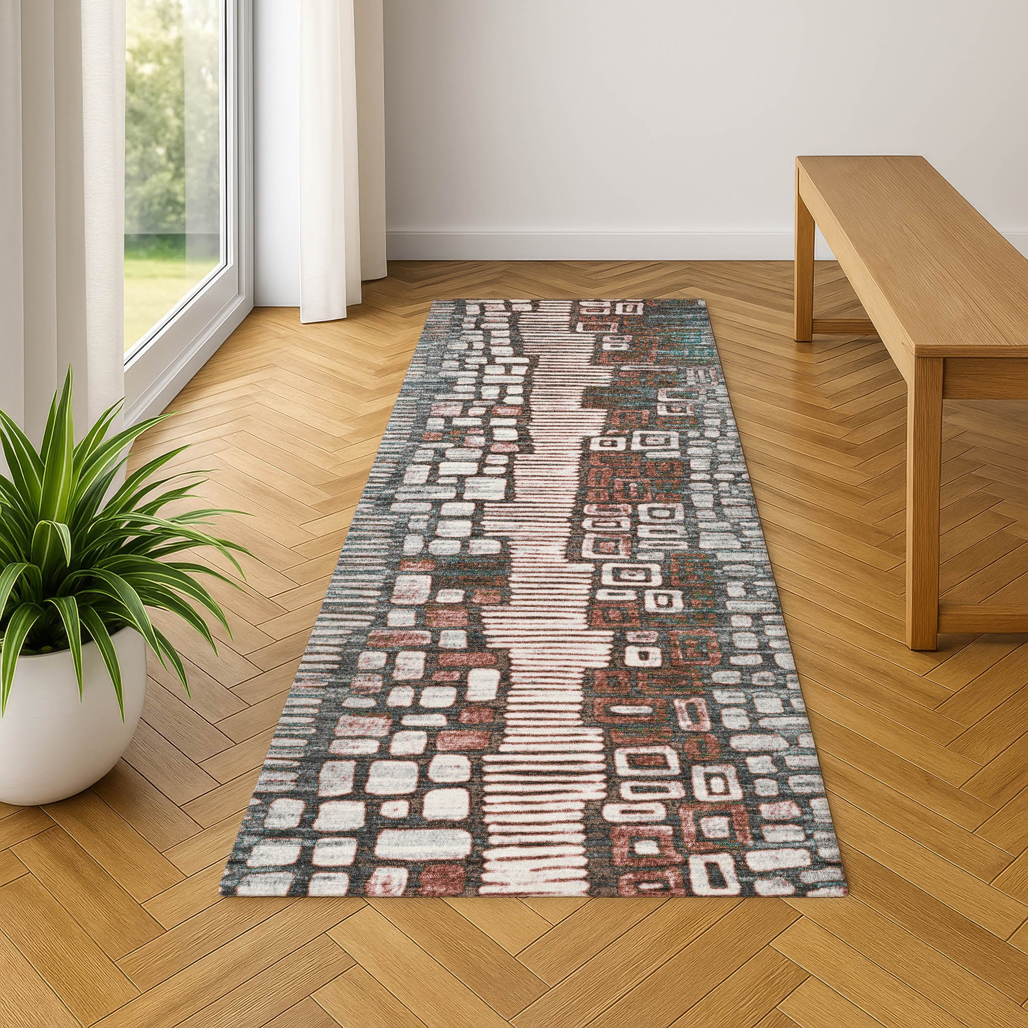 Cartagena Machine Washable Transitional Teal Rug 2'3" x 7'6" #shape_Runner