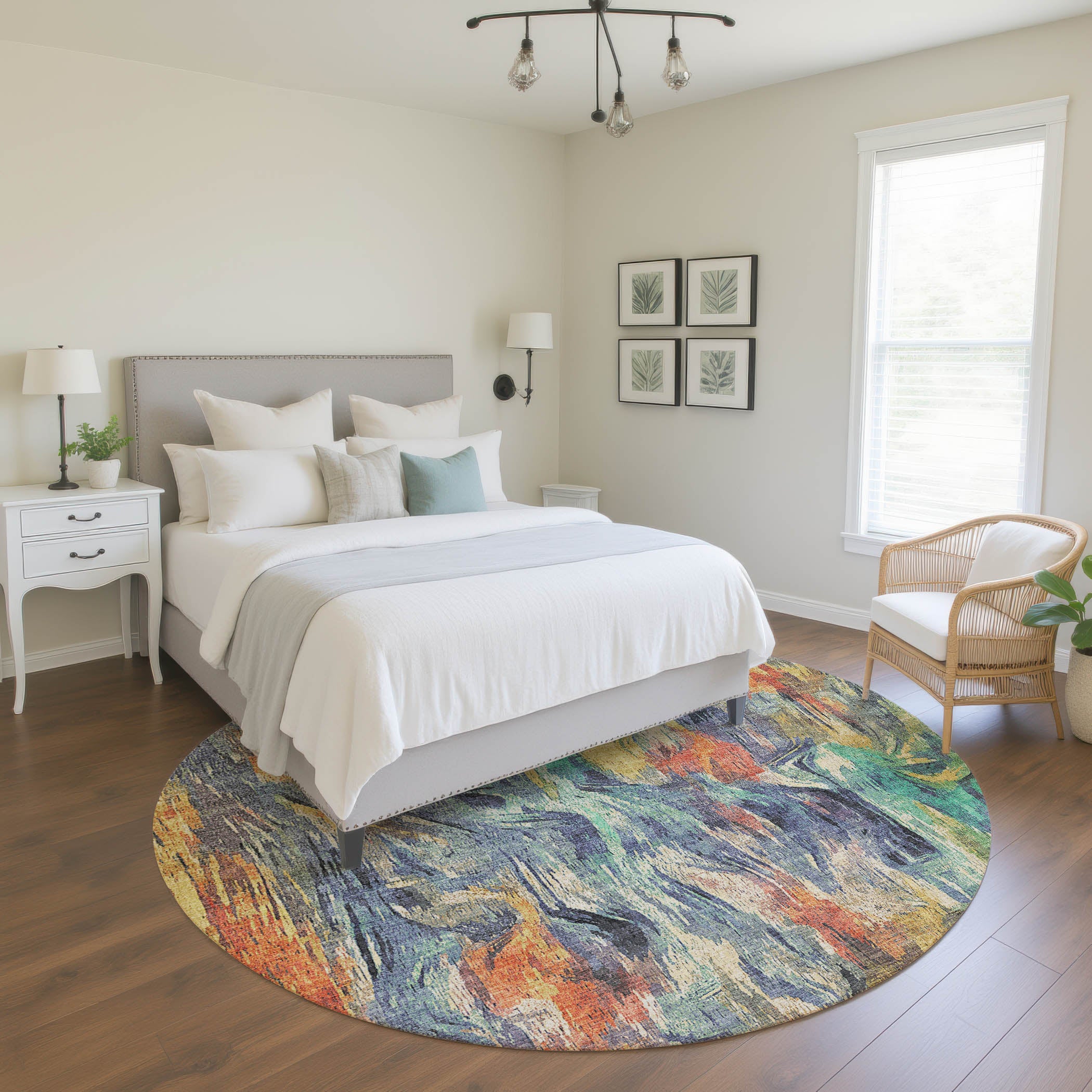 Lisbon Machine Washable Transitional Denim Blue Rug 8' x 8' #shape_Round