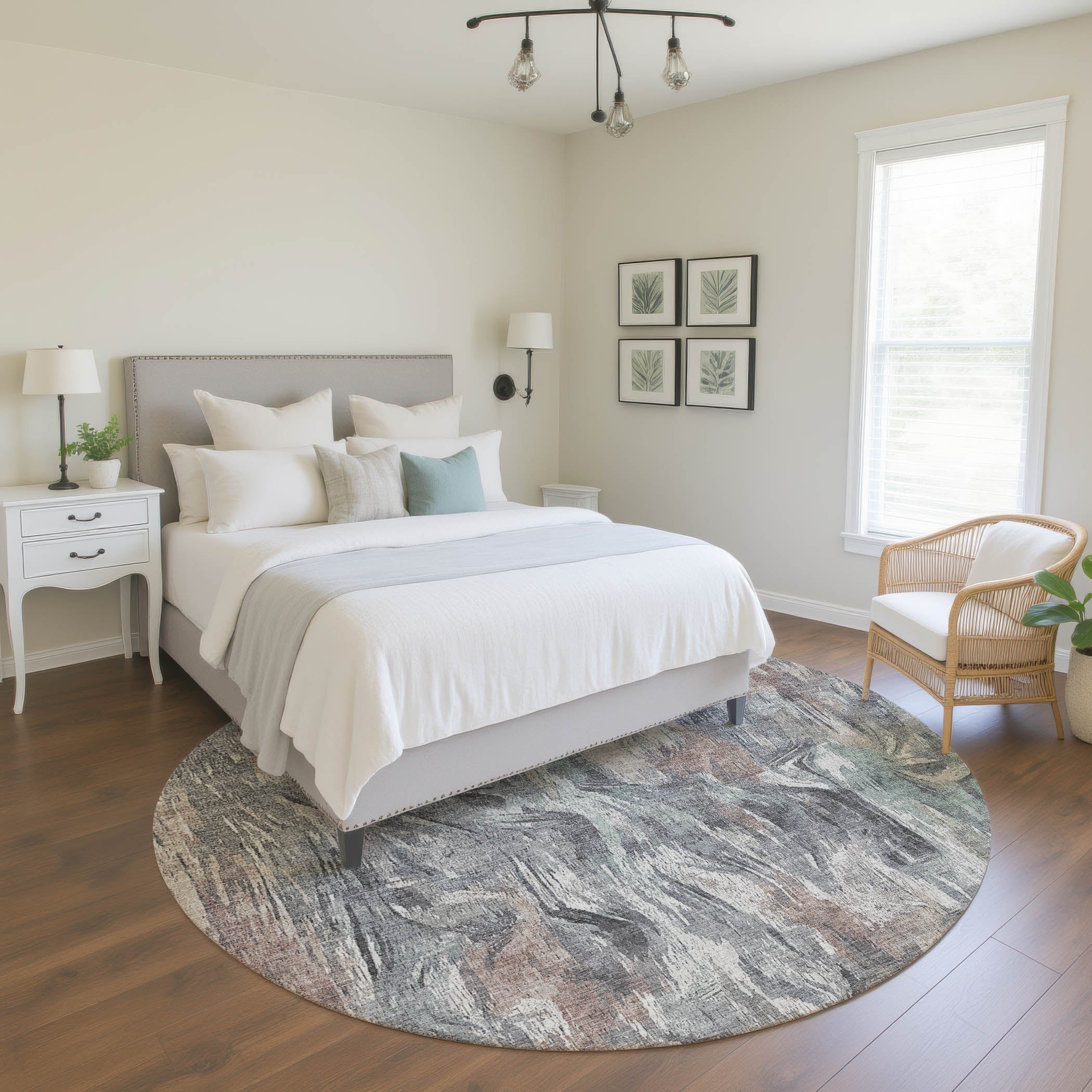 Lisbon Machine Washable Transitional Gray Rug 8' x 8' #shape_Round