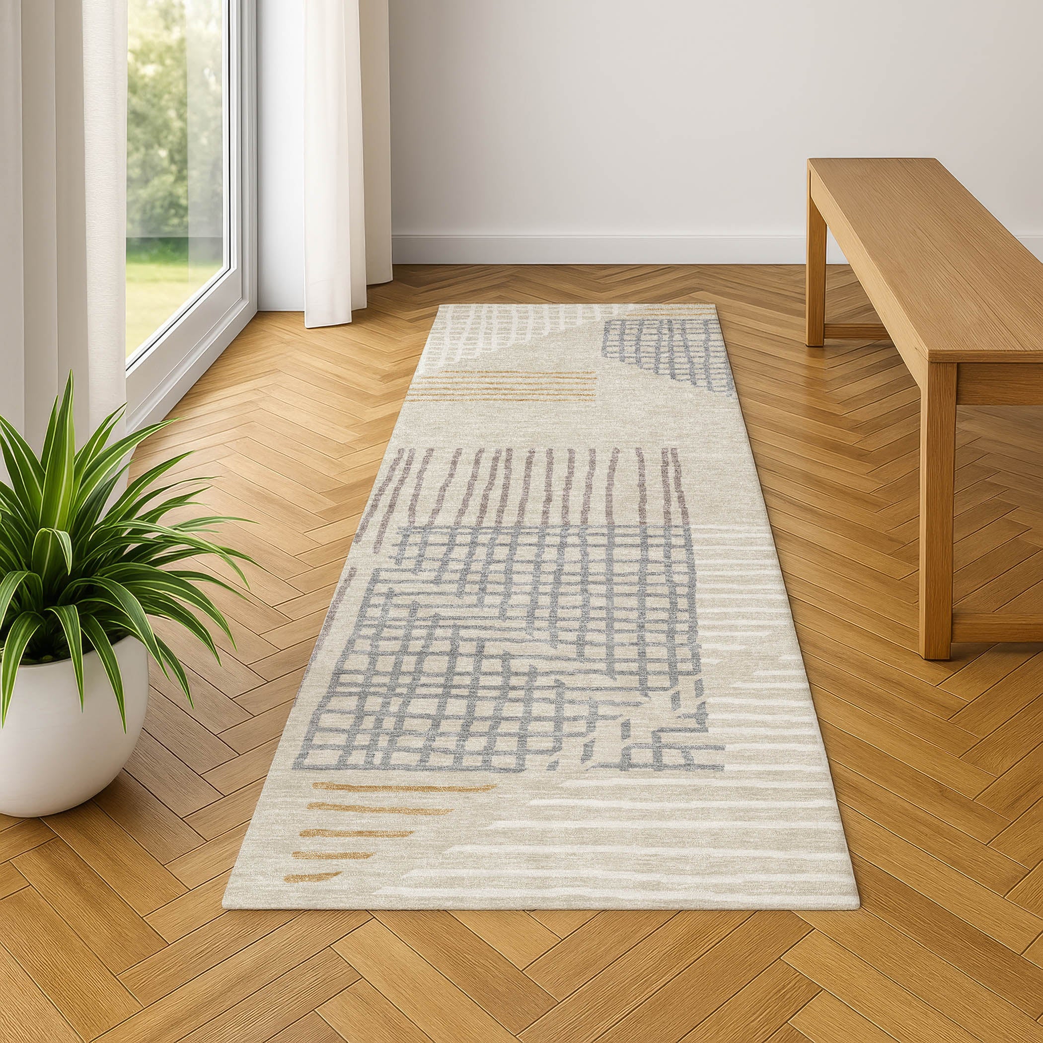 Split Machine Washable Transitional Beige Brown Rug 2'3" x 7'6" #shape_Runner