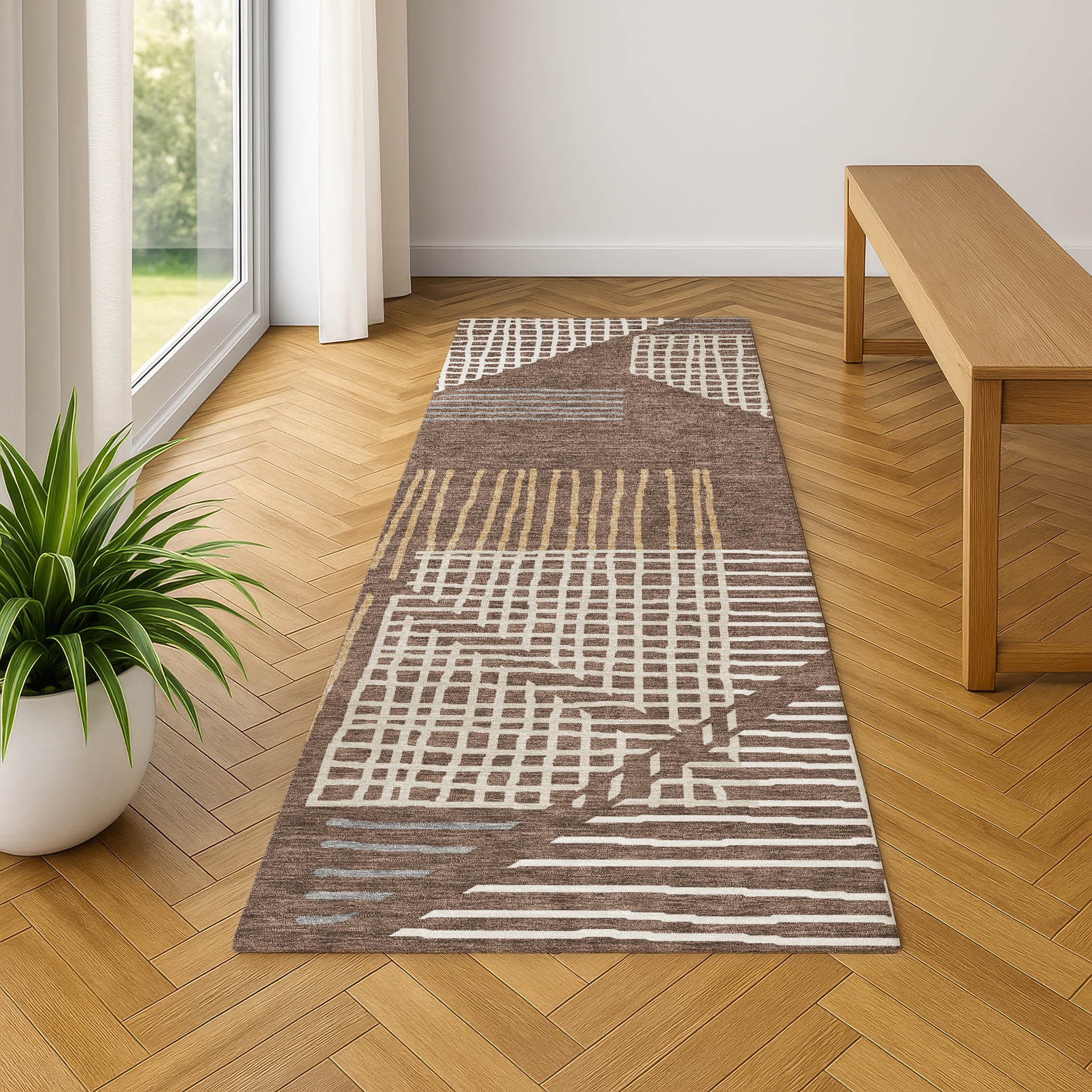 Split Machine Washable Transitional Brown Rug 2'3" x 7'6" #shape_Runner