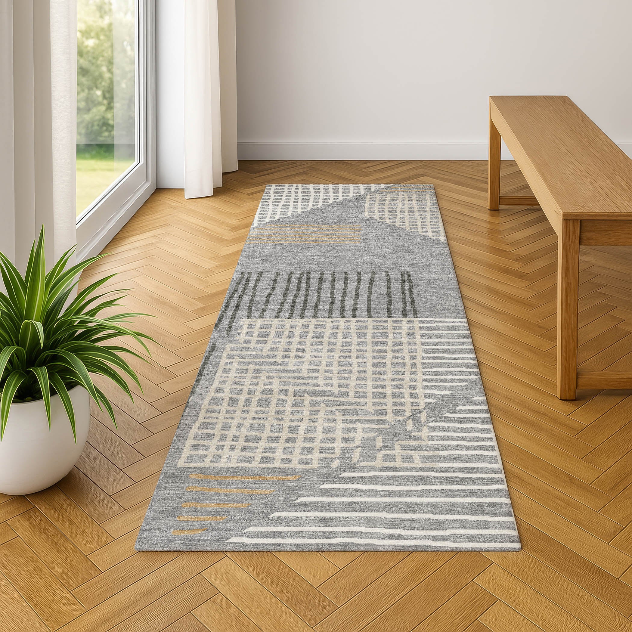 Split Machine Washable Transitional Gray Rug 2'3" x 7'6" #shape_Runner