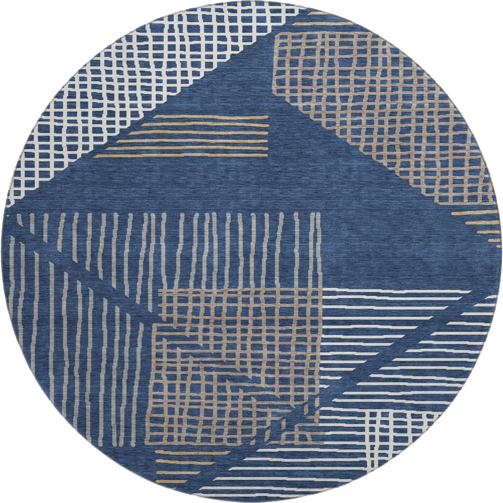 Split Machine Washable Transitional Navy Blue Rug 8' x 8' #shape_Round