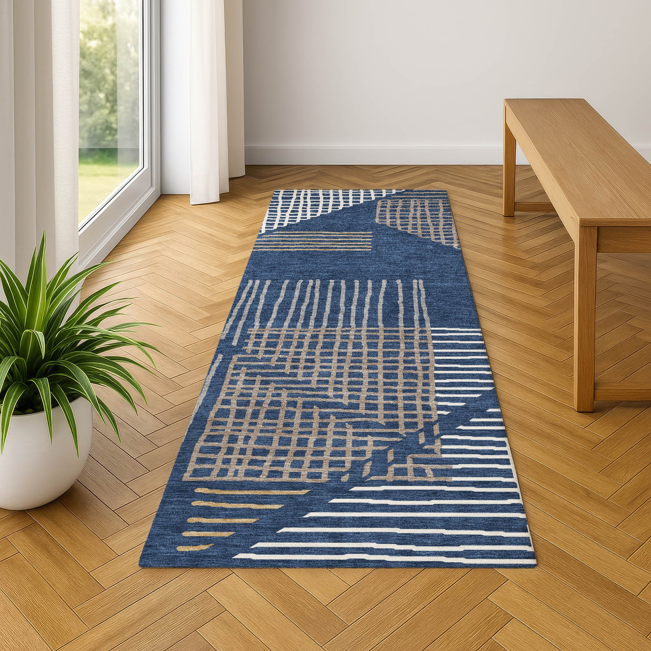 Split Machine Washable Transitional Navy Blue Rug 2'3" x 7'6" #shape_Runner