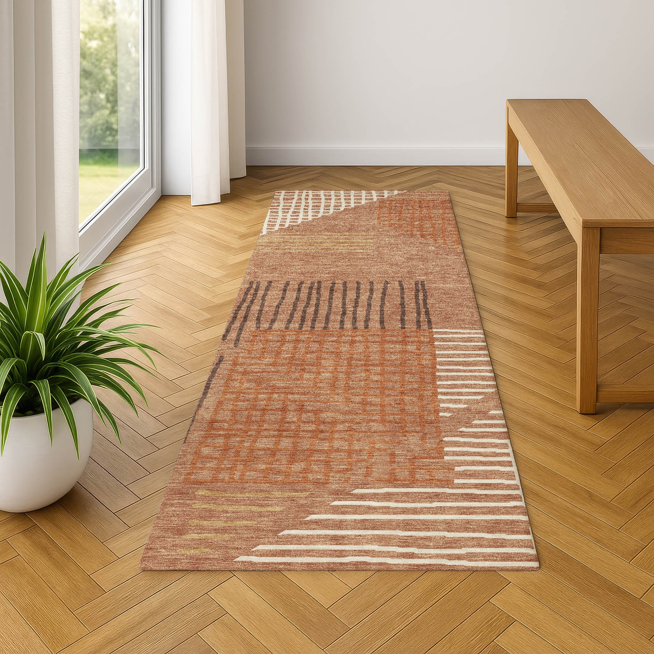 Split Machine Washable Transitional Paprika Orange Rug 2'3" x 7'6" #shape_Runner