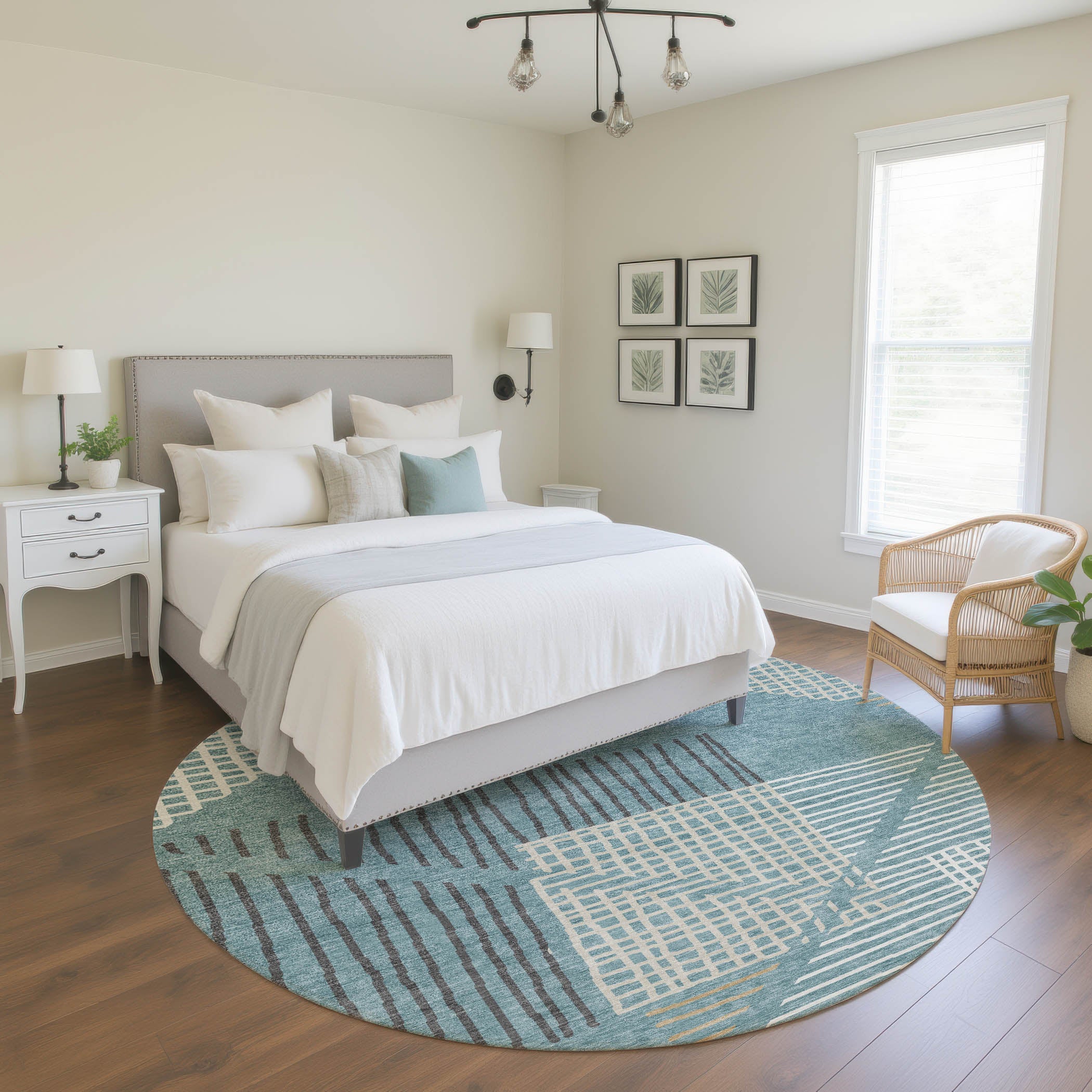 Split Machine Washable Transitional Teal Rug 8' x 8' #shape_Round