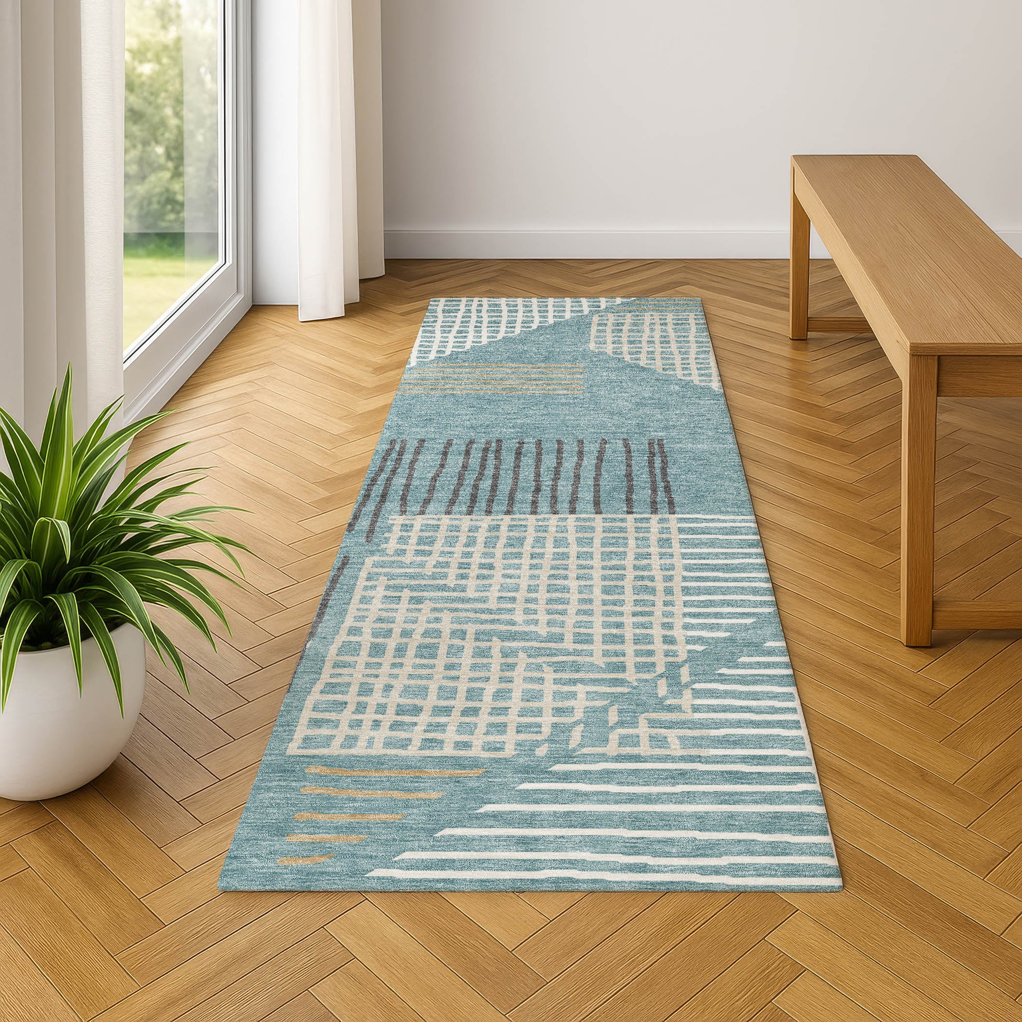 Split Machine Washable Transitional Teal Rug 2'3" x 7'6" #shape_Runner