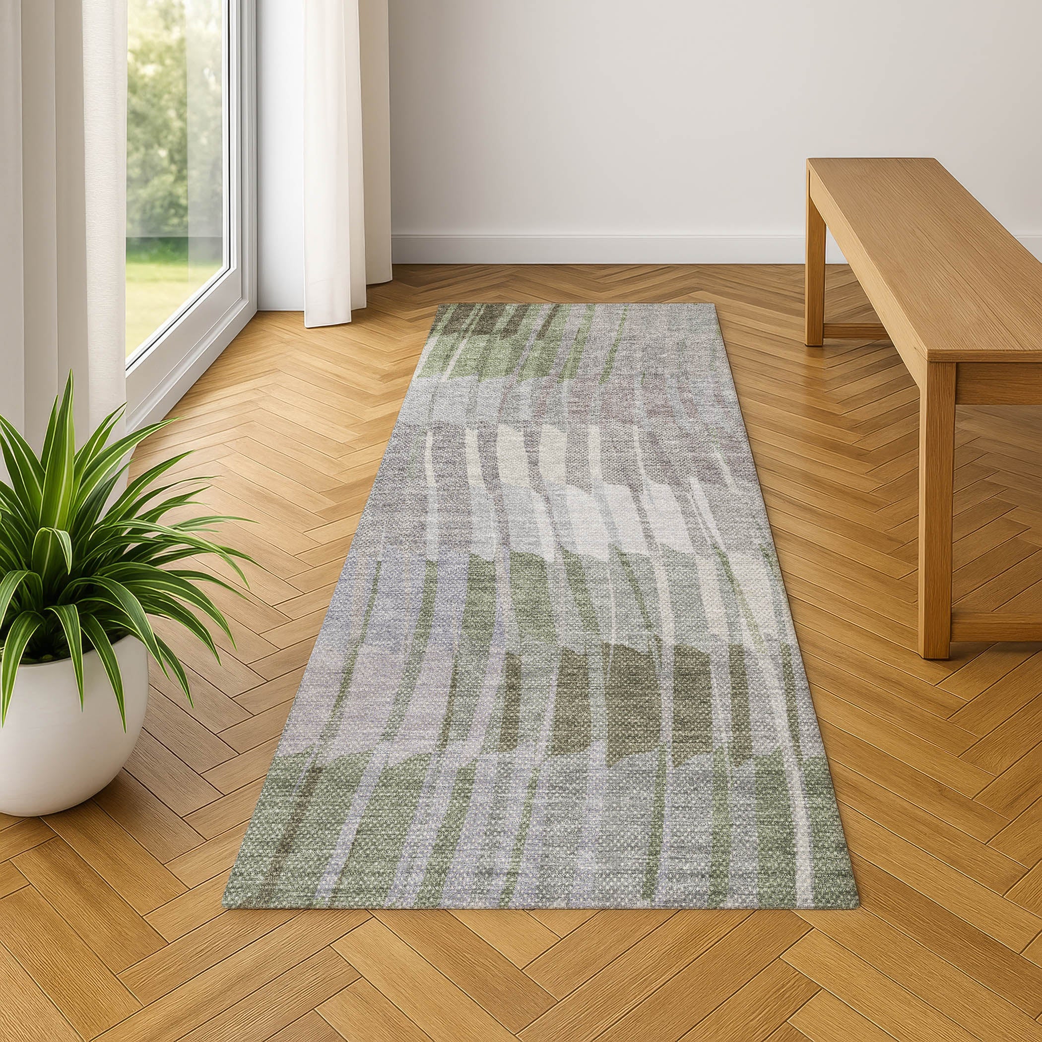 Bergen Machine Washable Transitional Olive Green Rug 2'3" x 7'6" #shape_Runner