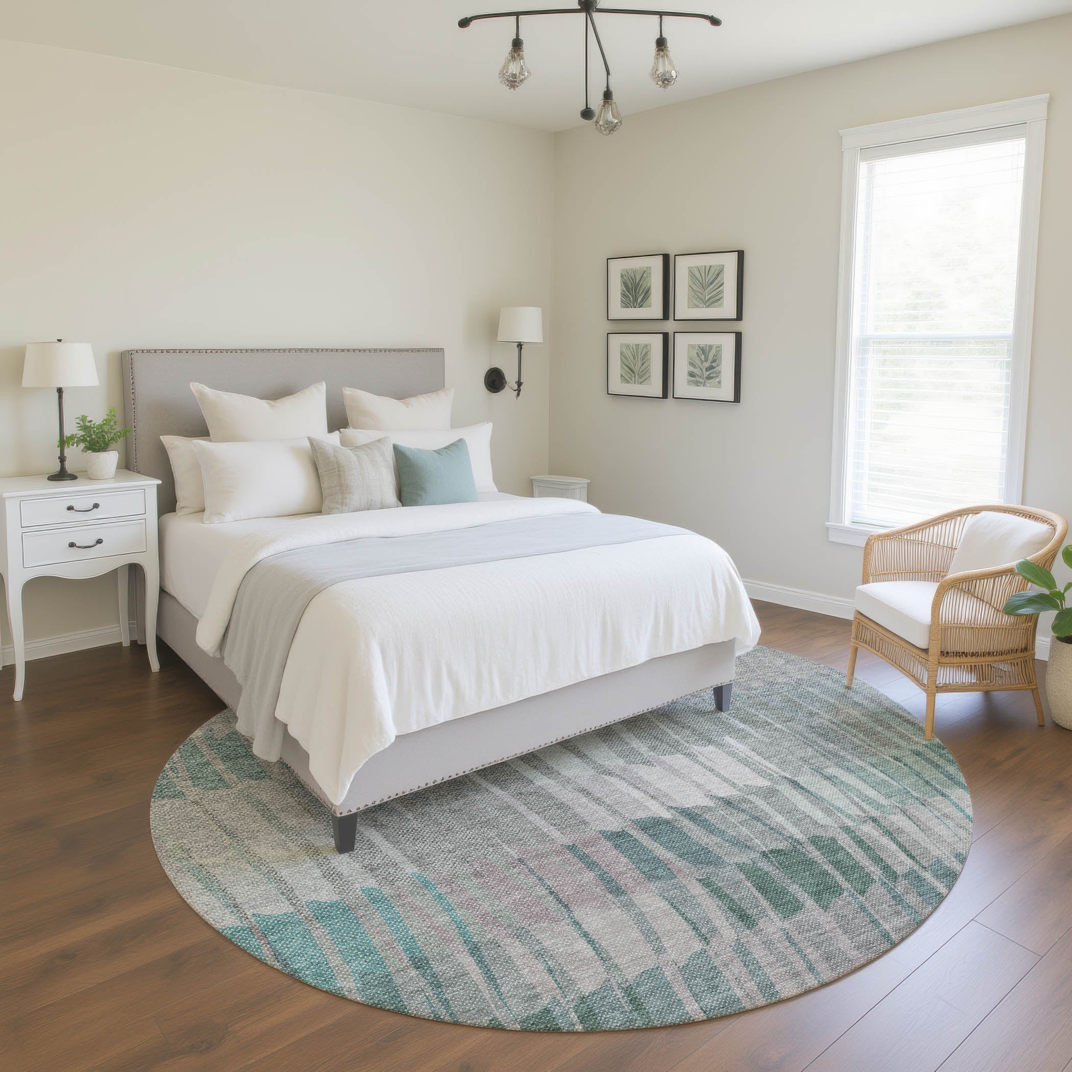 Bergen Machine Washable Transitional Teal Rug 8' x 8' #shape_Round