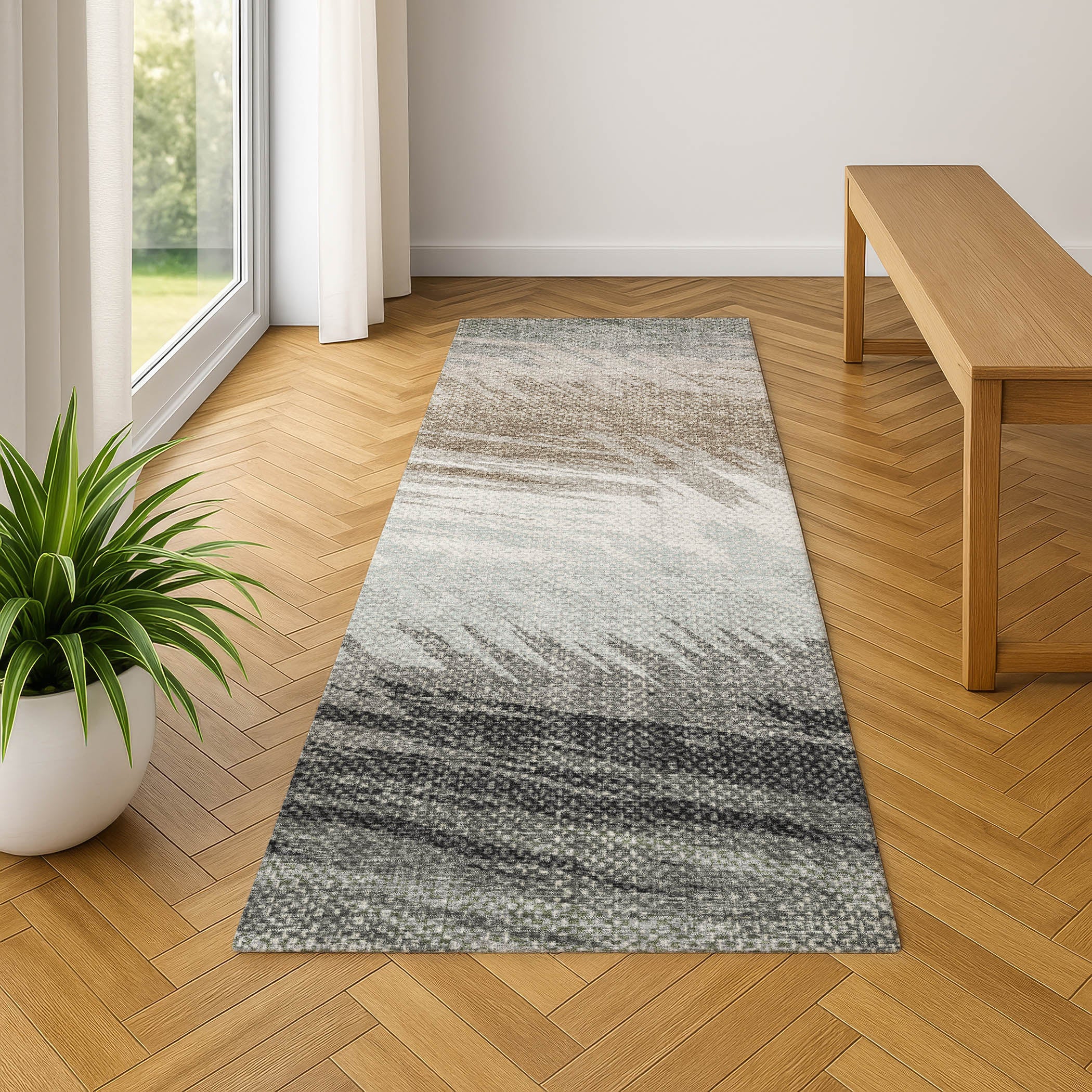 Bangkok Machine Washable Transitional Brown Rug 2'3" x 7'6" #shape_Runner