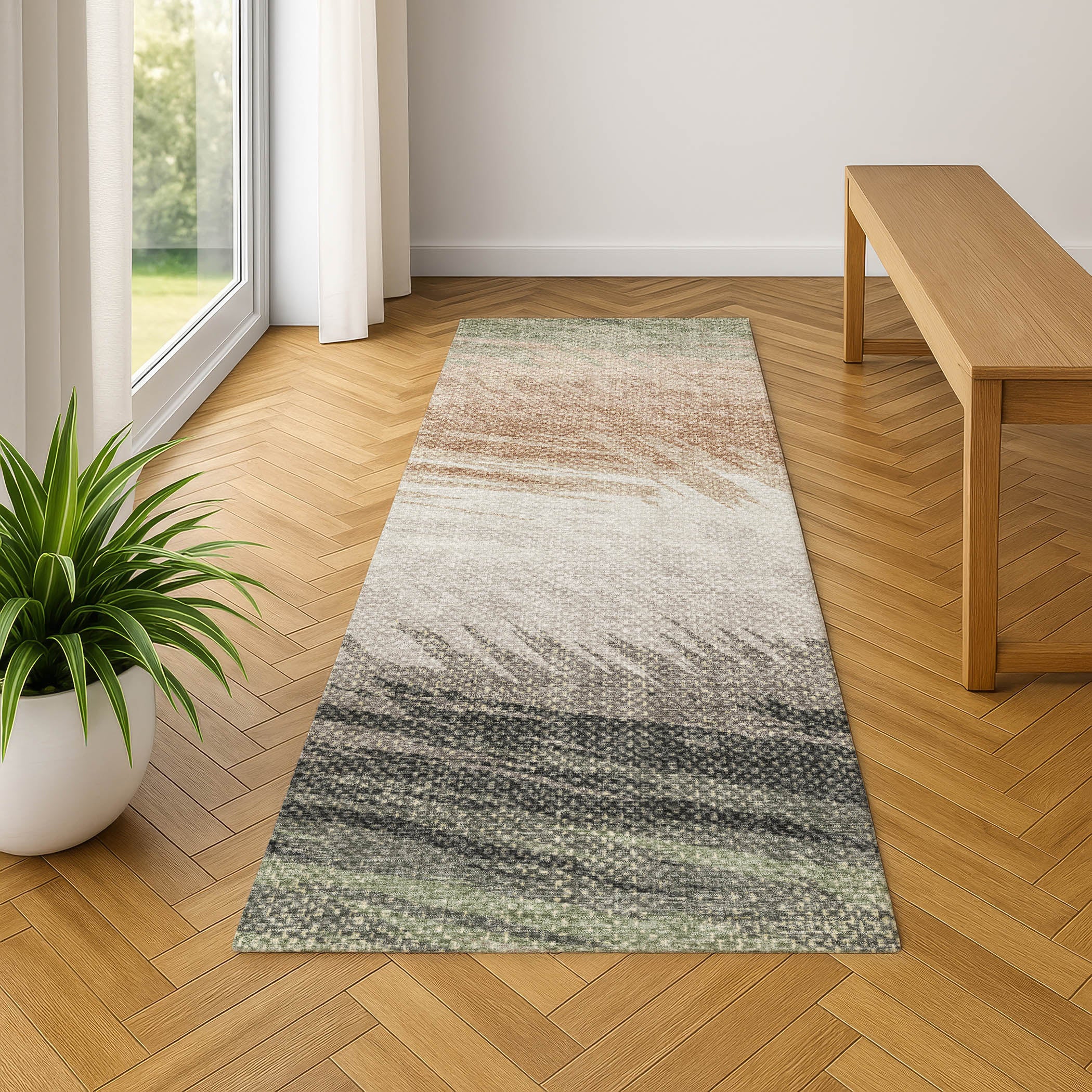 Bangkok Machine Washable Transitional Fern Green Rug 2'3" x 7'6" #shape_Runner