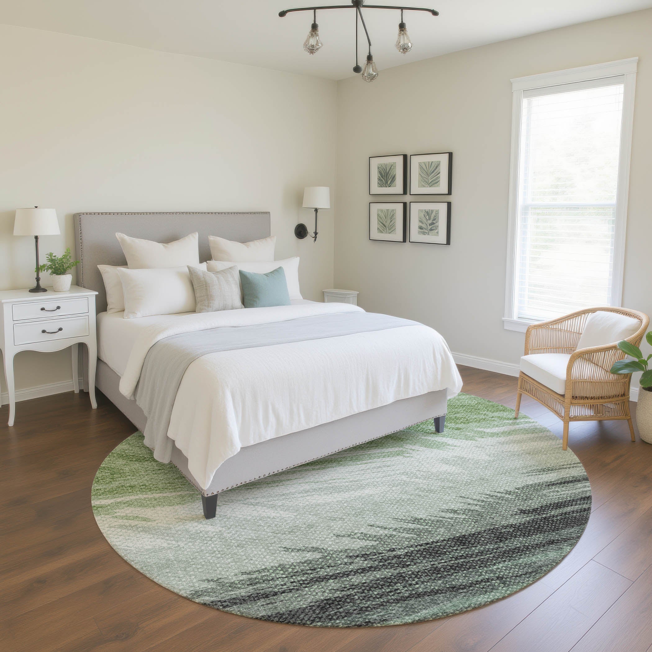 Bangkok Machine Washable Transitional Green Rug 8' x 8' #shape_Round